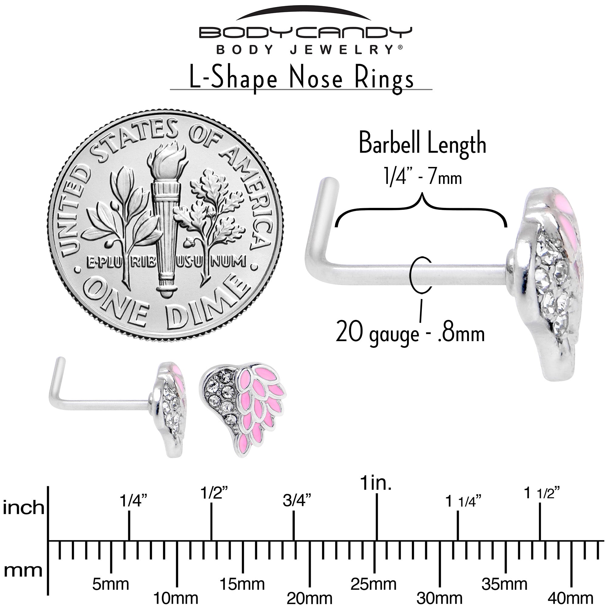 BodyCandy 20G 7mm Clear Gem Heavenly Heart Angel Wing Pink L Shape Nose Ring — alternative angle