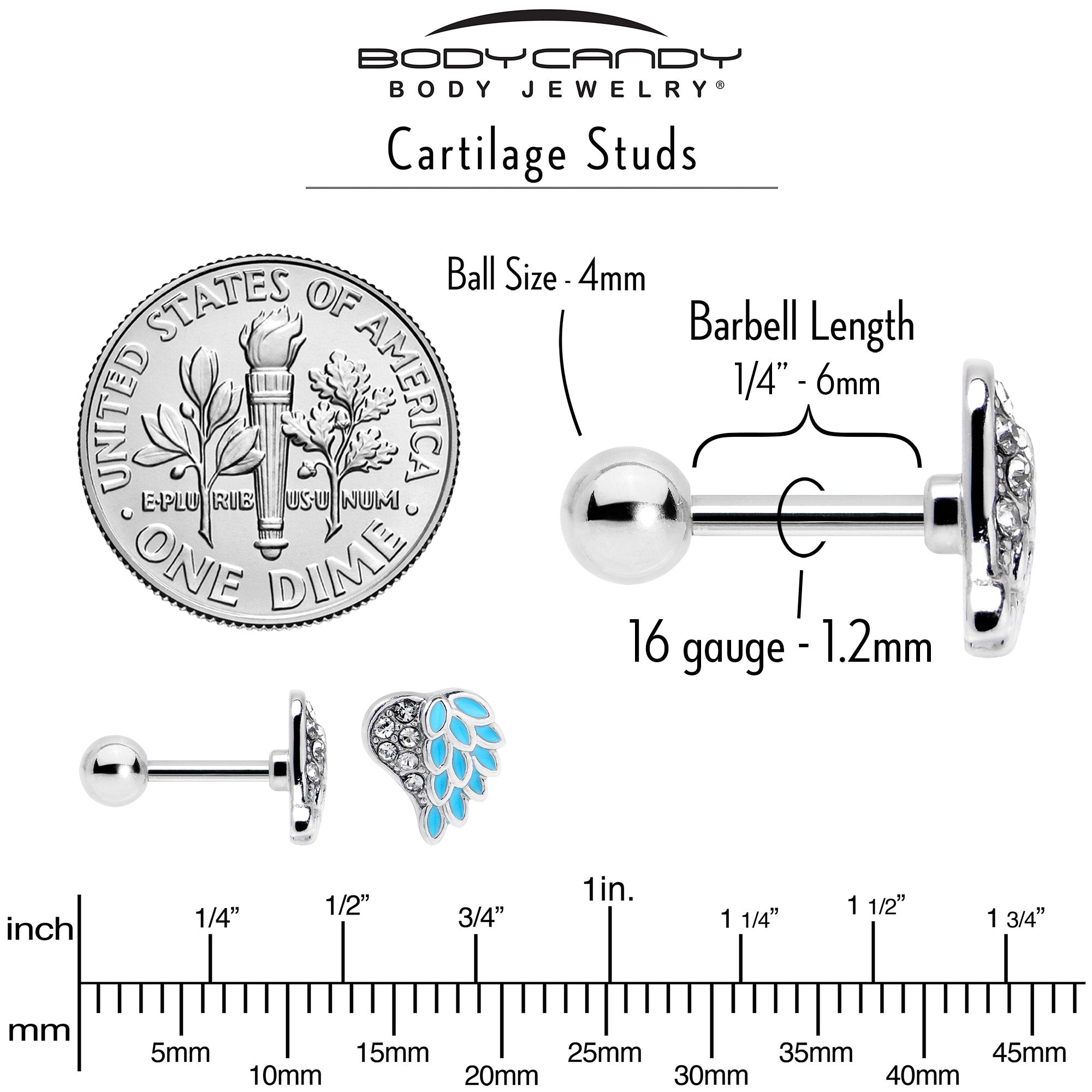 BodyCandy 16G 1/4 Clear Gem Heavenly Heart Angel Wing Blue Cartilage Earring — in-use photo