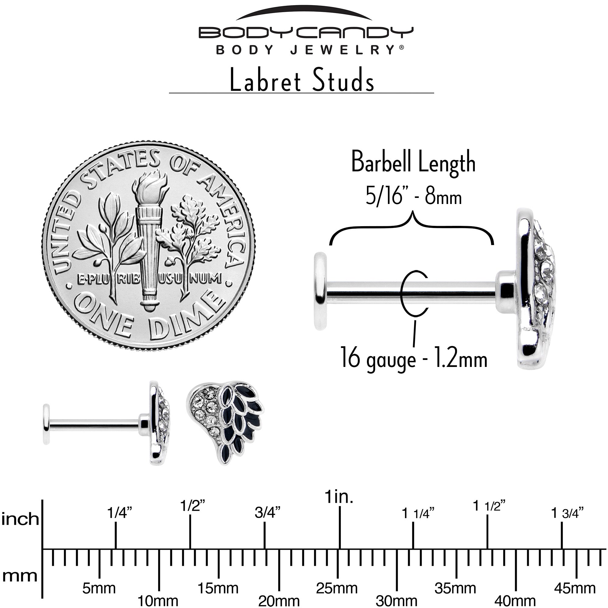 BodyCandy 16G 5/16 Clear Gem Heavenly Heart Angel Wing Black Labret Tragus — in-use photo