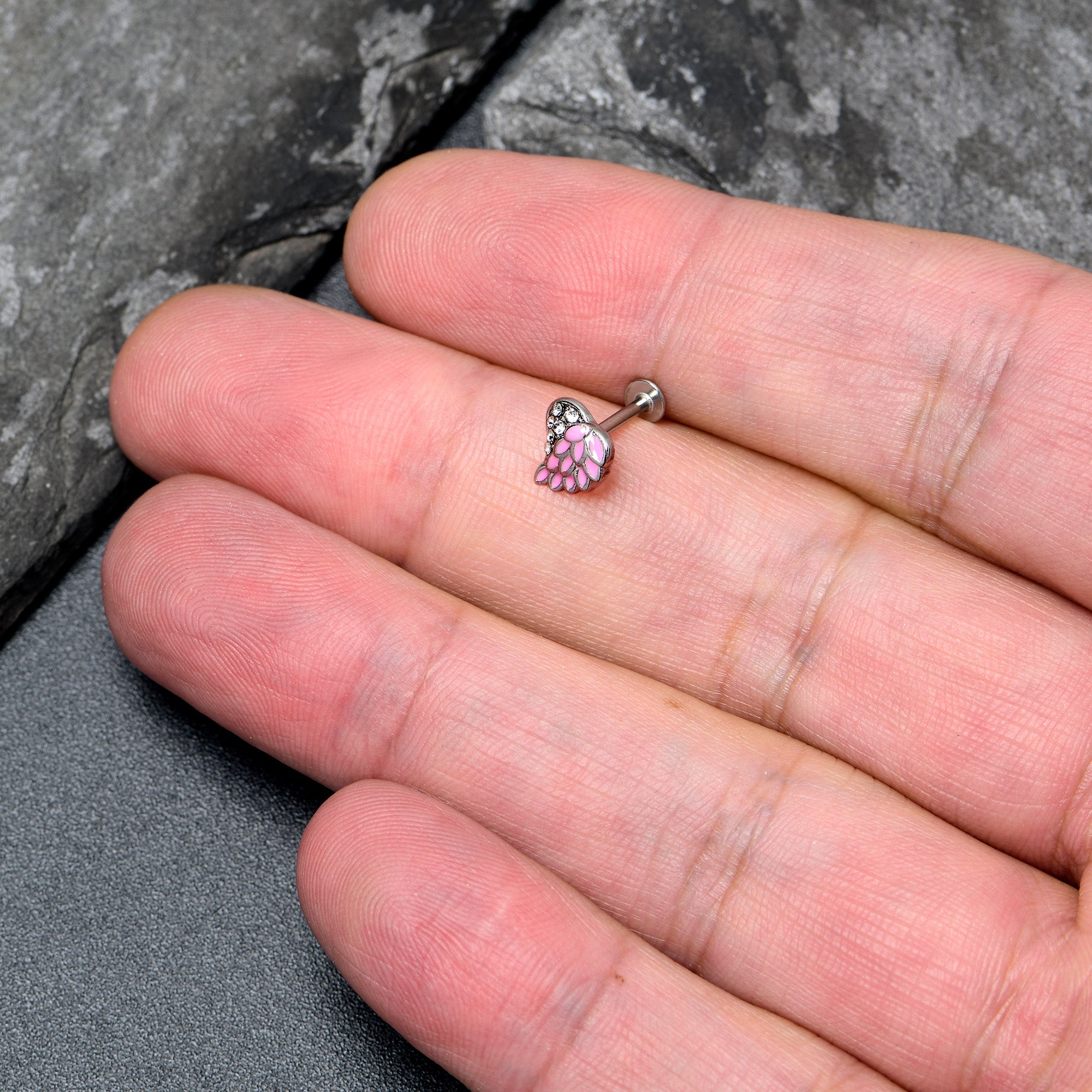 BodyCandy 16G 5/16 Clear Gem Heavenly Heart Angel Wing Pink Labret Tragus — back view