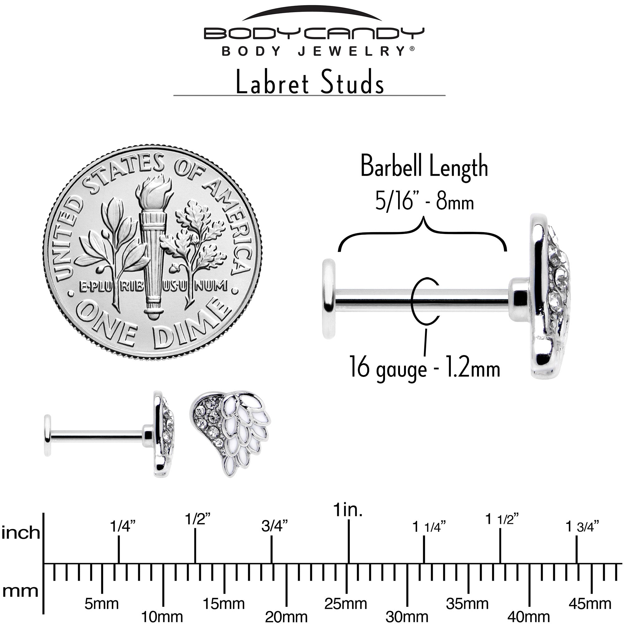 BodyCandy 16G 5/16 Clear Gem Heavenly Heart Angel Wing White Labret Tragus — in-use photo