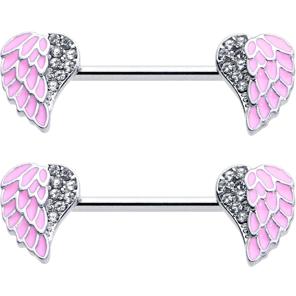 BodyCandy 14G 9/16 Clear Gem Heavenly Heart Angel Wing Pink Nipple Ring Set — detail close-up