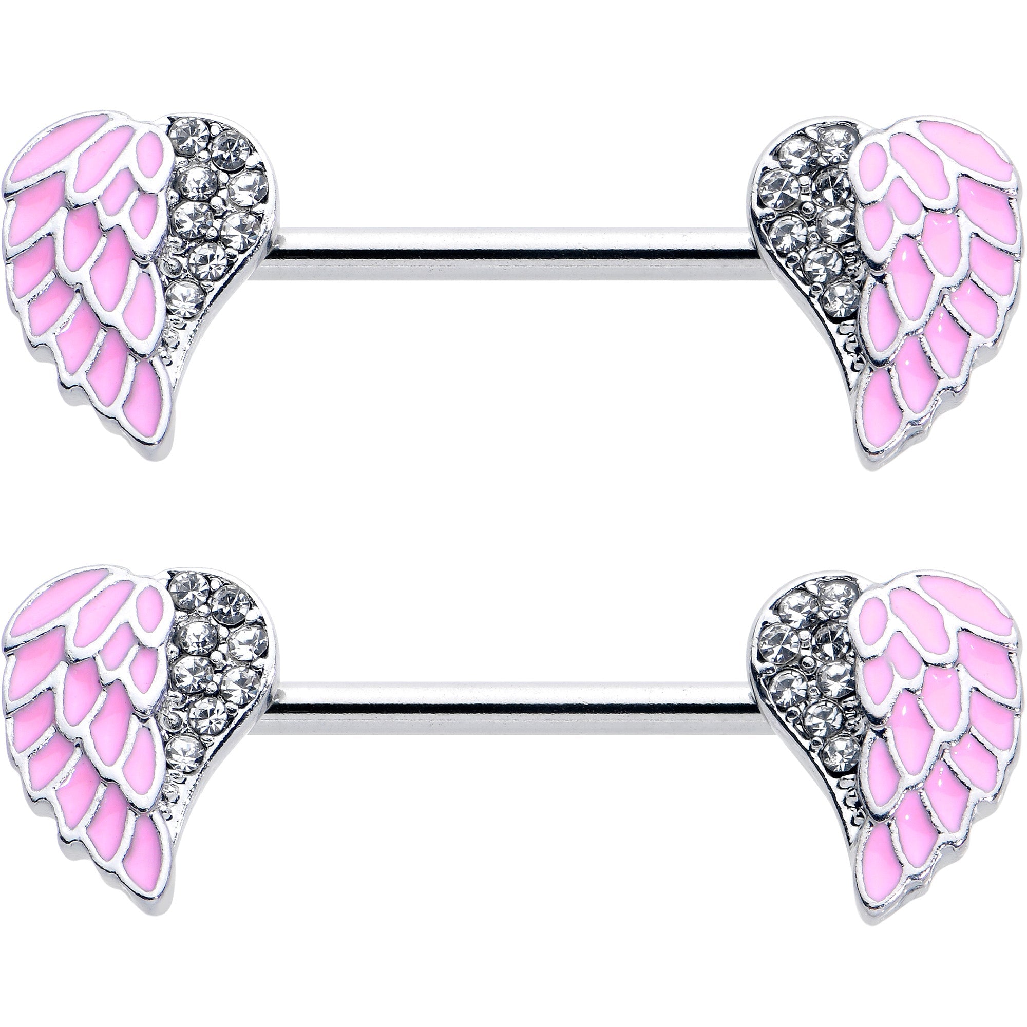 BodyCandy 14G 9/16 Clear Gem Heavenly Heart Angel Wing Pink Nipple Ring Set — detail close-up