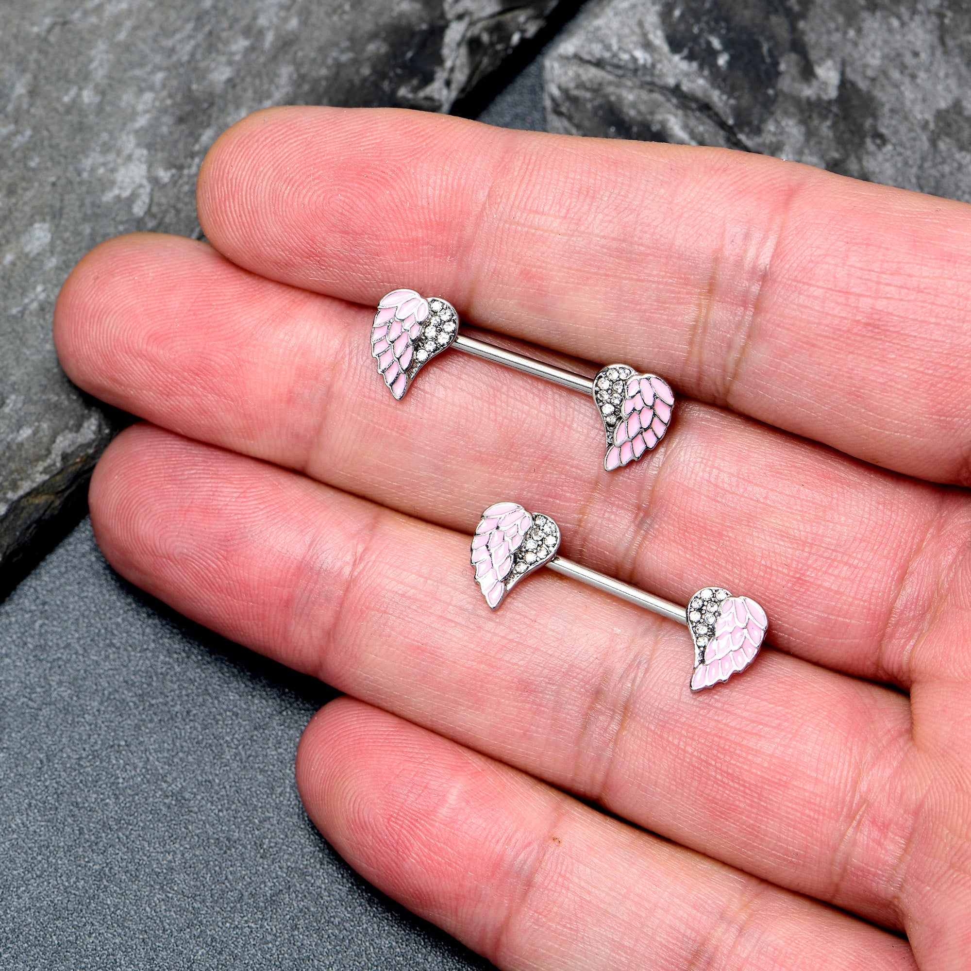 BodyCandy 14G 9/16 Clear Gem Heavenly Heart Angel Wing Pink Nipple Ring Set — lifestyle context