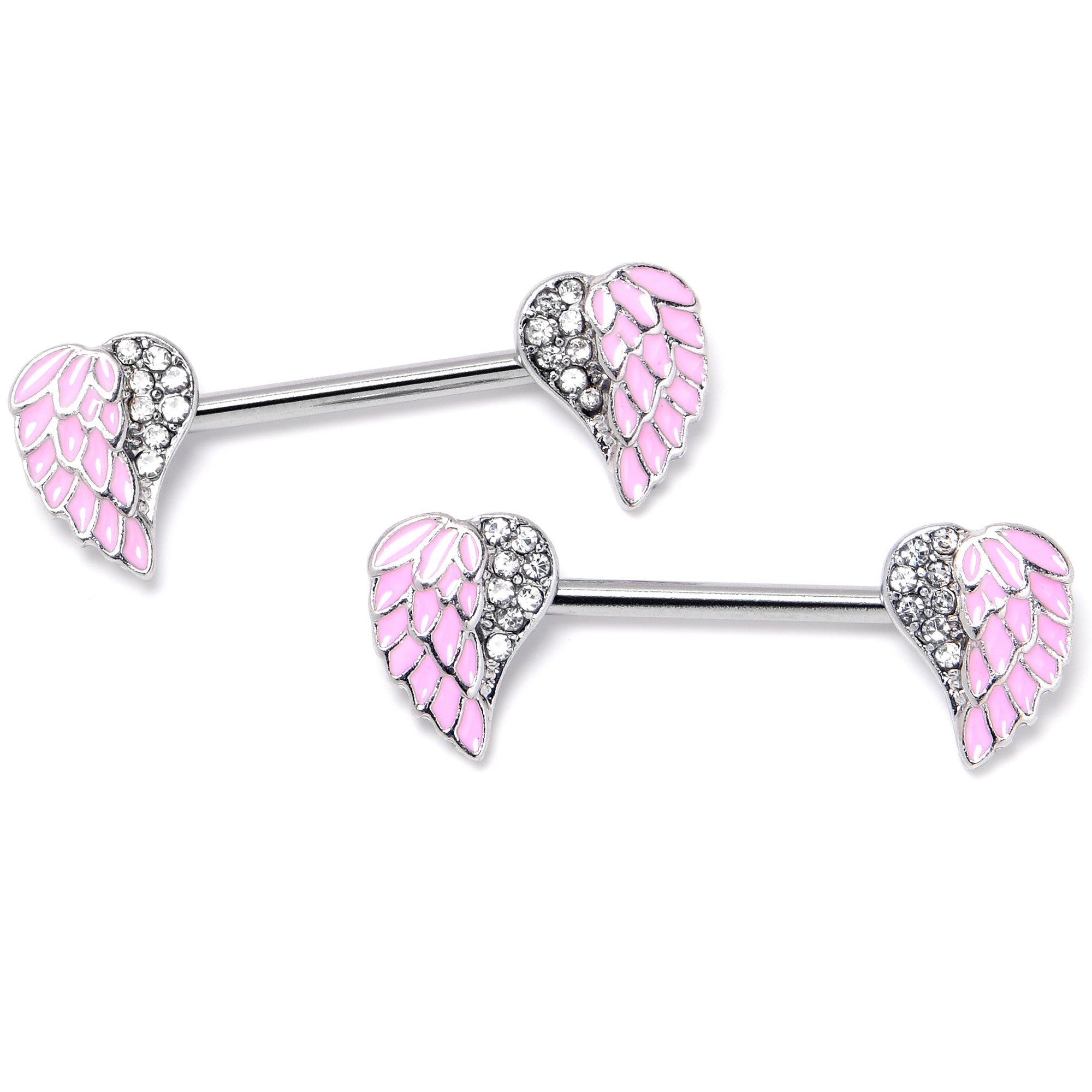 BodyCandy 14G 9/16 Clear Gem Heavenly Heart Angel Wing Pink Nipple Ring Set — side view