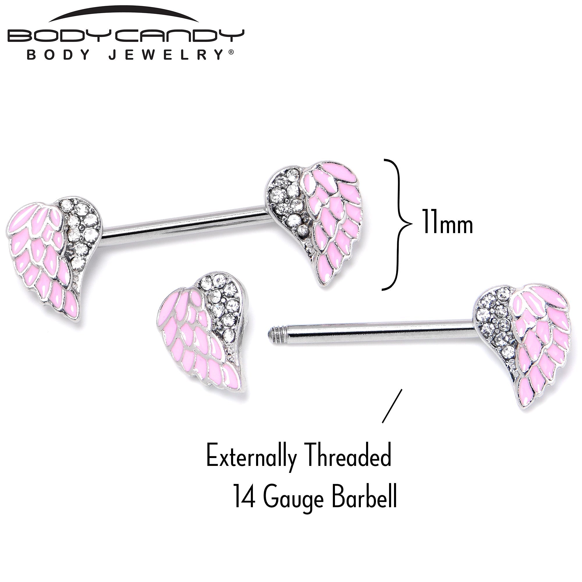 BodyCandy 14G 9/16 Clear Gem Heavenly Heart Angel Wing Pink Nipple Ring Set — alternative angle