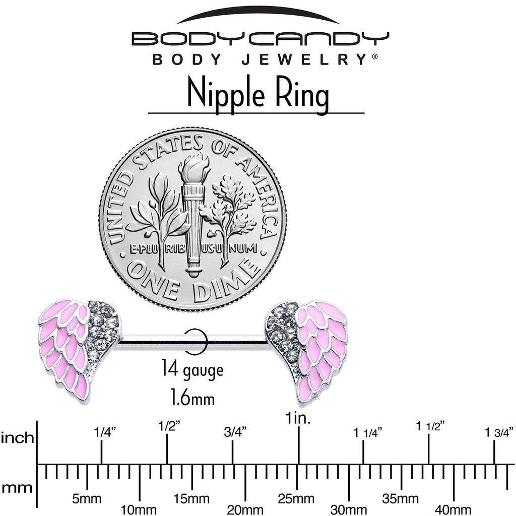 BodyCandy 14G 9/16 Clear Gem Heavenly Heart Angel Wing Pink Nipple Ring Set — in-use photo
