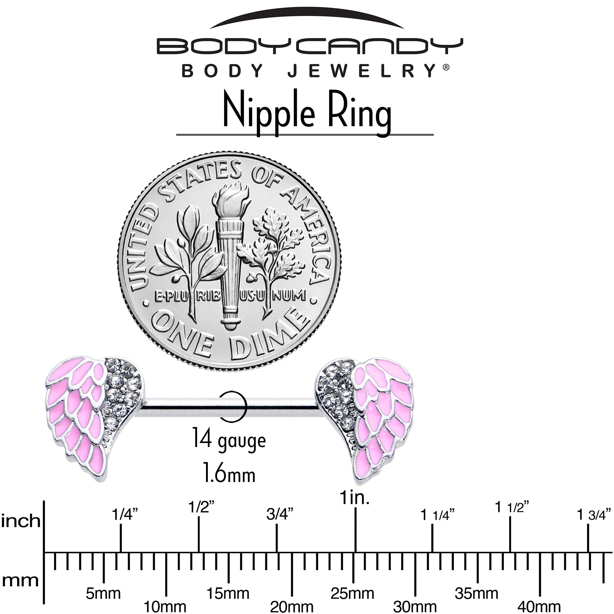 BodyCandy 14G 9/16 Clear Gem Heavenly Heart Angel Wing Pink Nipple Ring Set — in-use photo