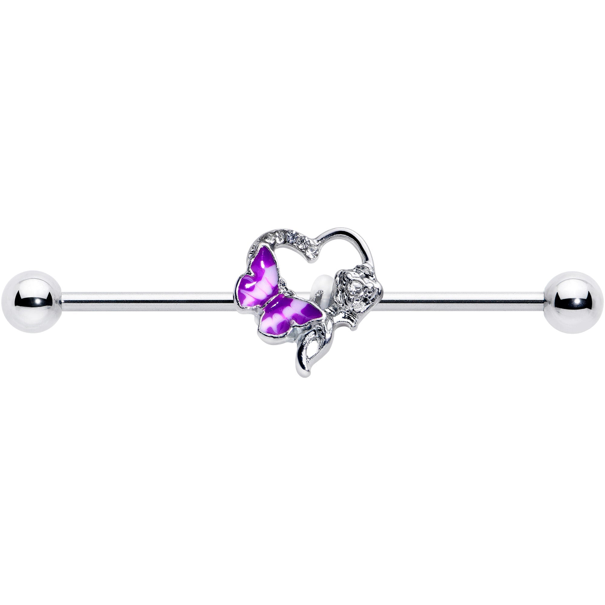 BodyCandy 14G Clear Gem Butterfly Rose Flower Purple Industrial Barbell 38mm — detail close-up
