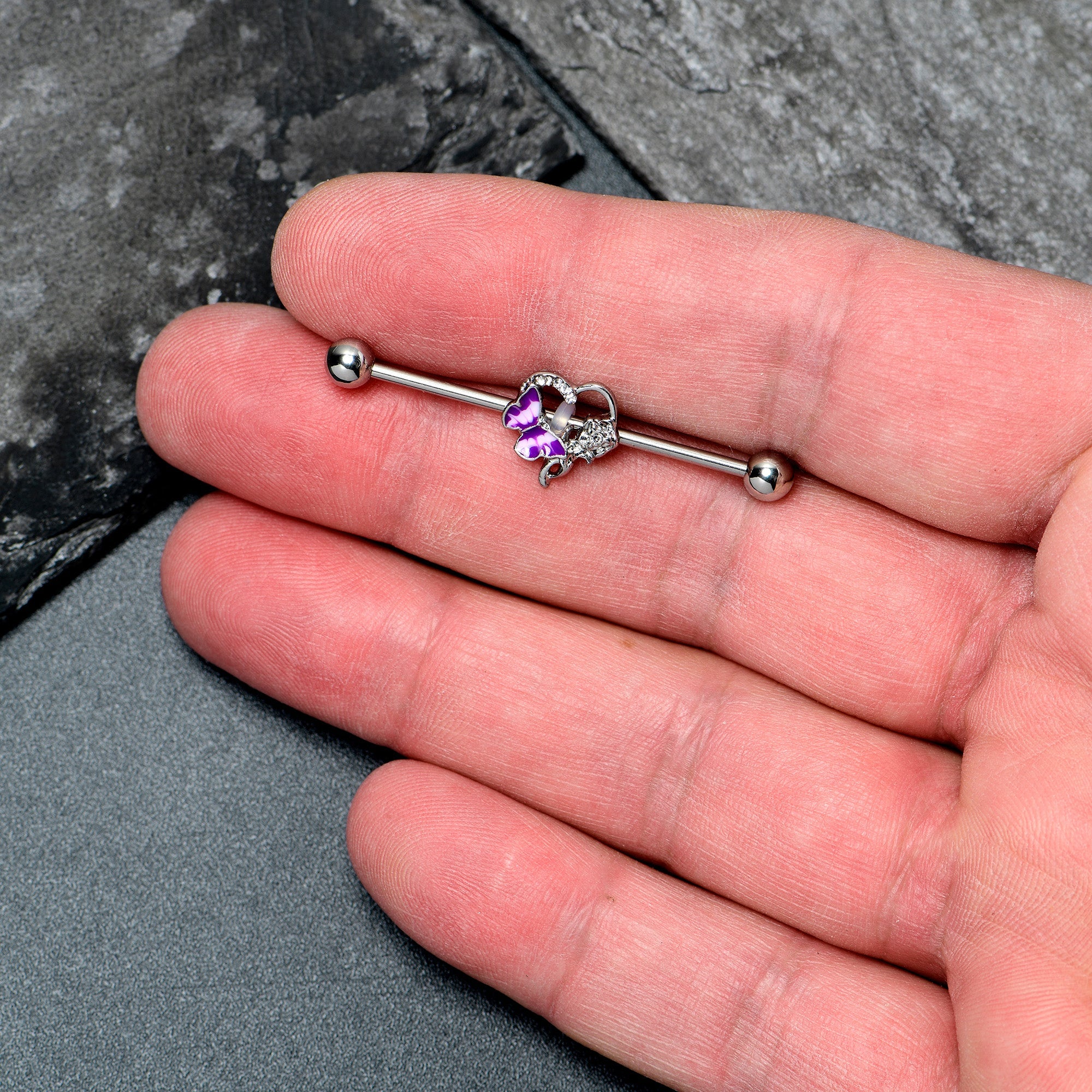 BodyCandy 14G Clear Gem Butterfly Rose Flower Purple Industrial Barbell 38mm — lifestyle context