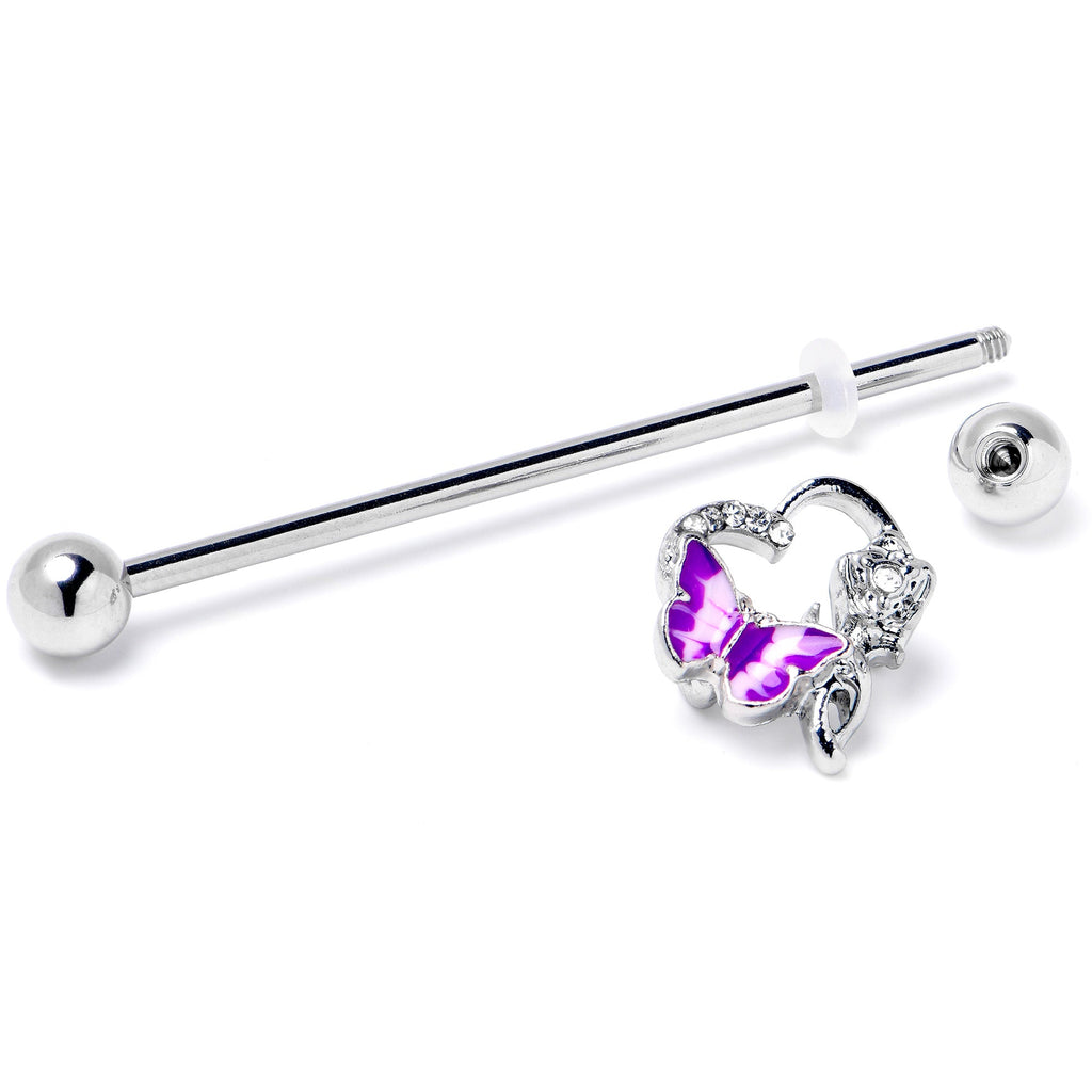 BodyCandy 14G Clear Gem Butterfly Rose Flower Purple Industrial Barbell 38mm — side view