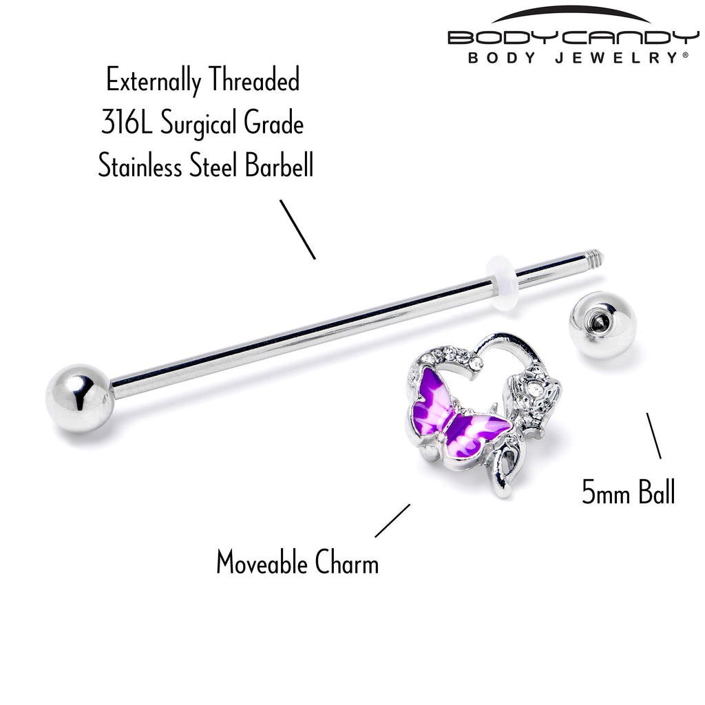 BodyCandy 14G Clear Gem Butterfly Rose Flower Purple Industrial Barbell 38mm — back view