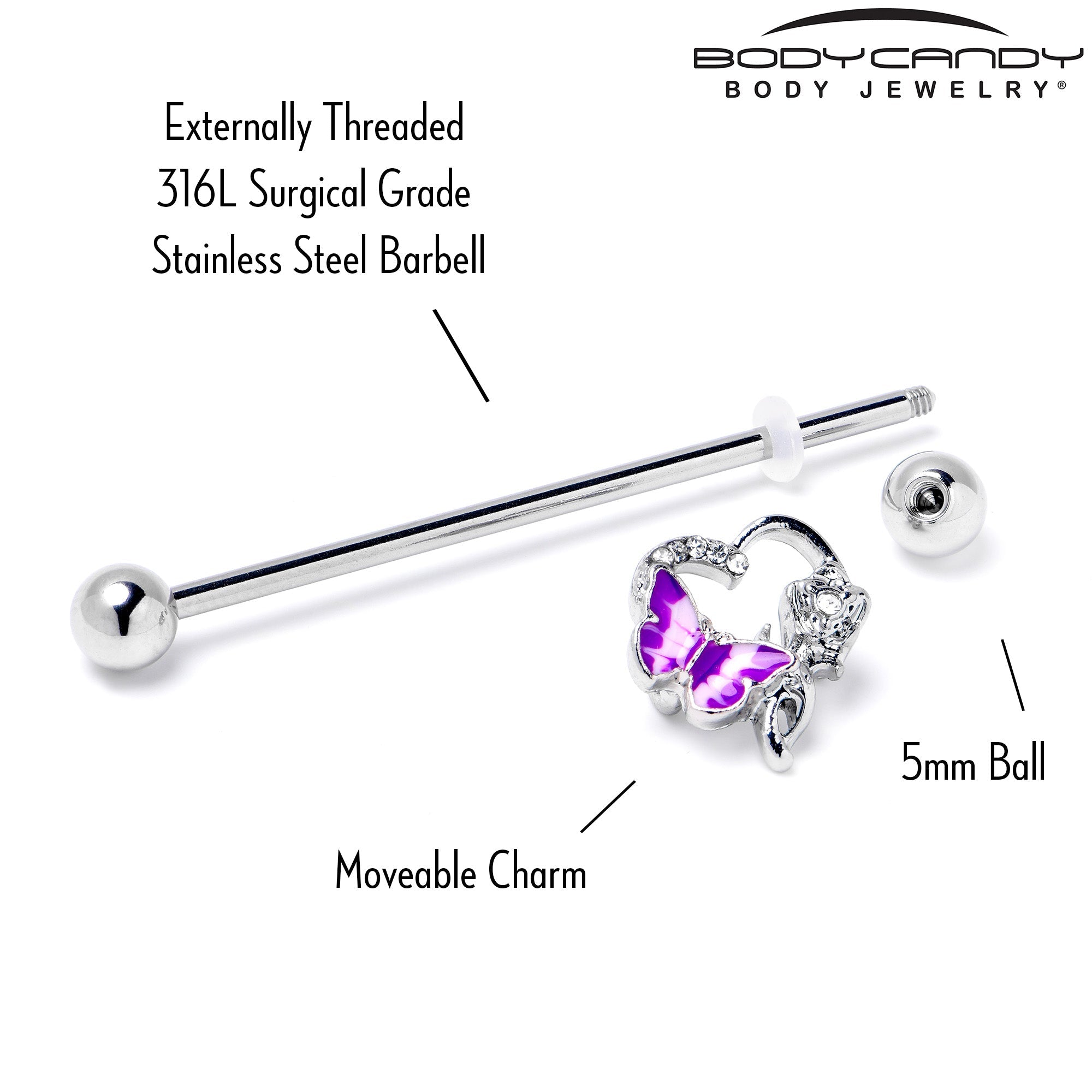 BodyCandy 14G Clear Gem Butterfly Rose Flower Purple Industrial Barbell 38mm — back view