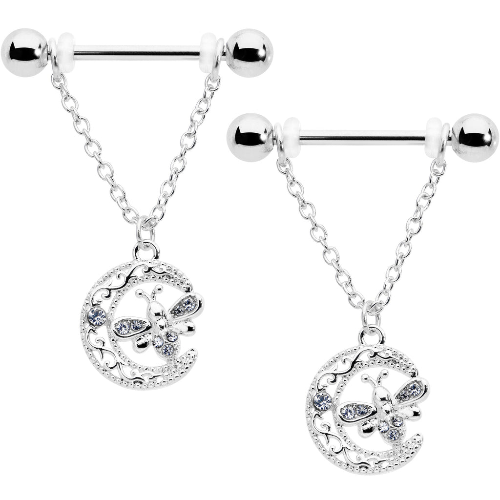 BodyCandy 14G 9/16 Clear Gem Lunar Dragonfly Chain Dangle Nipple Ring Set — main product shot