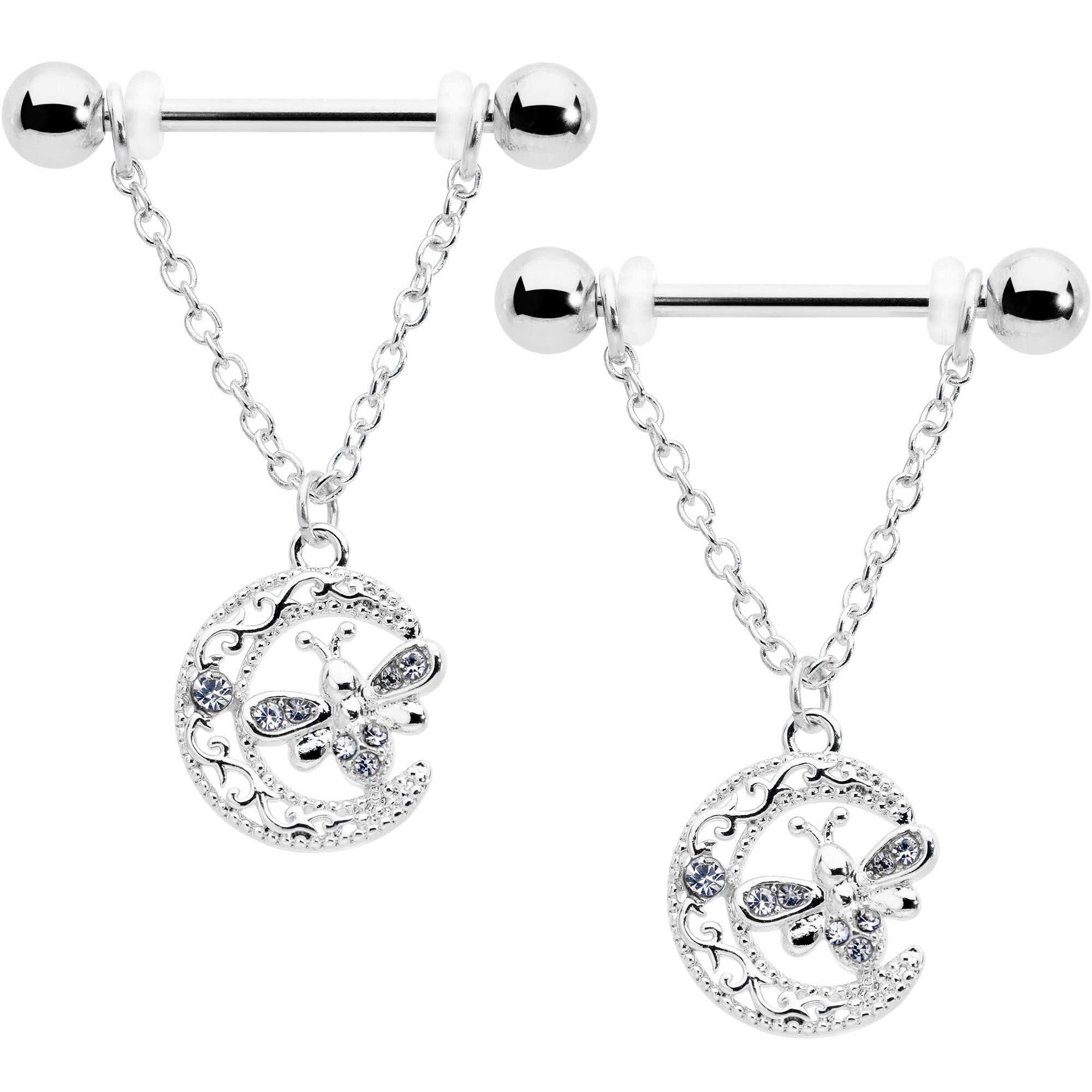 BodyCandy 14G 9/16 Clear Gem Lunar Dragonfly Chain Dangle Nipple Ring Set — main product shot