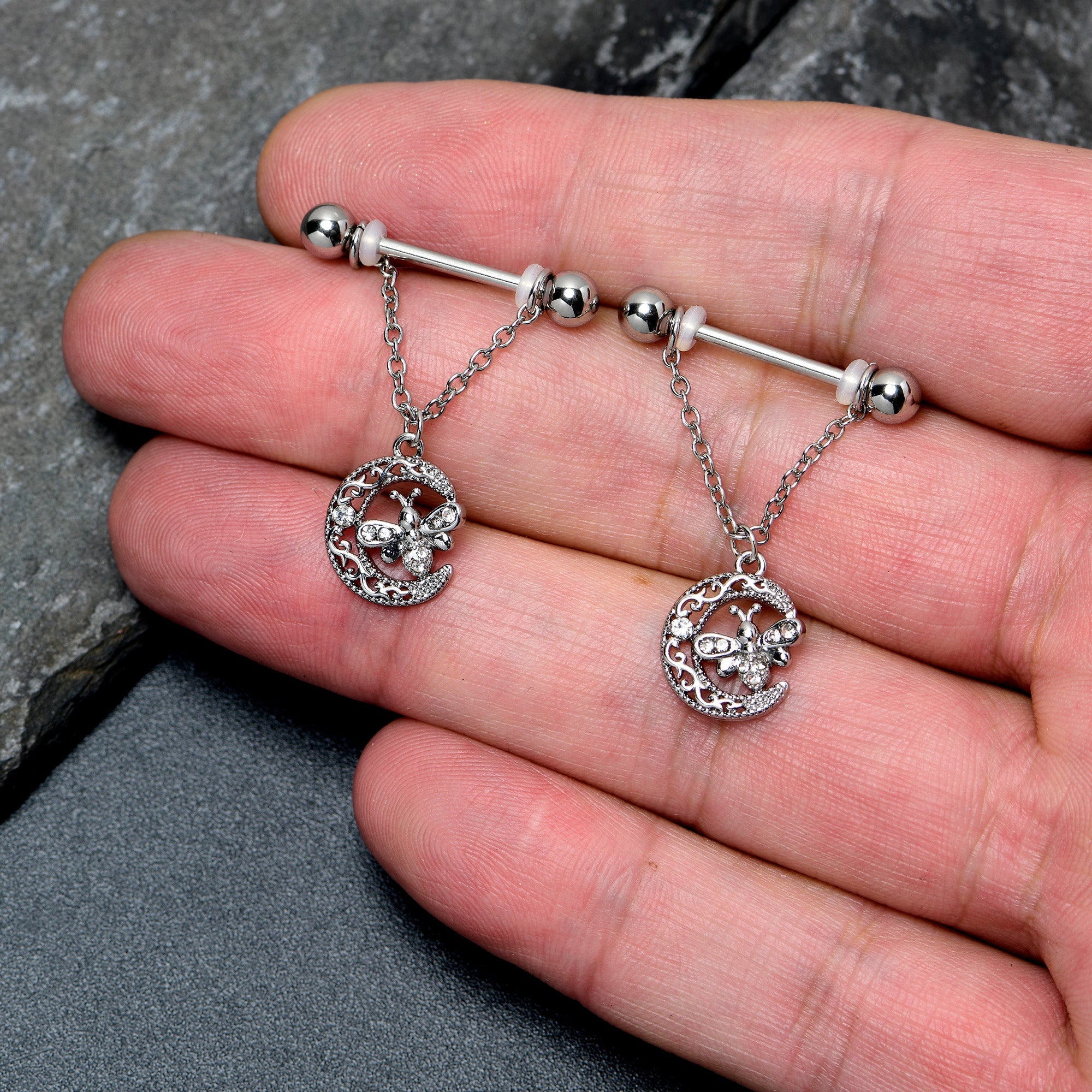 BodyCandy 14G 9/16 Clear Gem Lunar Dragonfly Chain Dangle Nipple Ring Set — detail close-up
