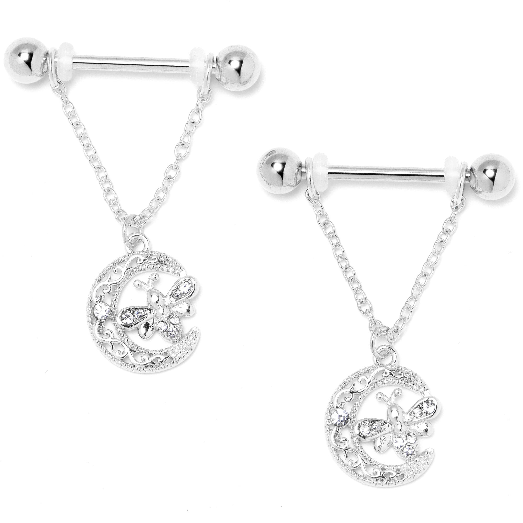 BodyCandy 14G 9/16 Clear Gem Lunar Dragonfly Chain Dangle Nipple Ring Set — lifestyle context