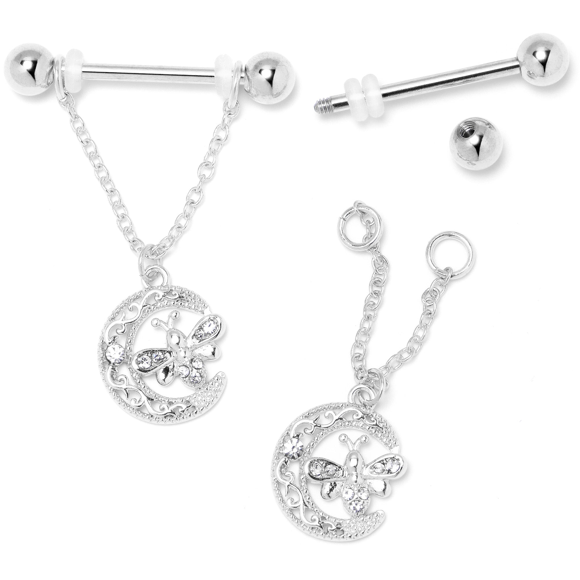 BodyCandy 14G 9/16 Clear Gem Lunar Dragonfly Chain Dangle Nipple Ring Set — side view