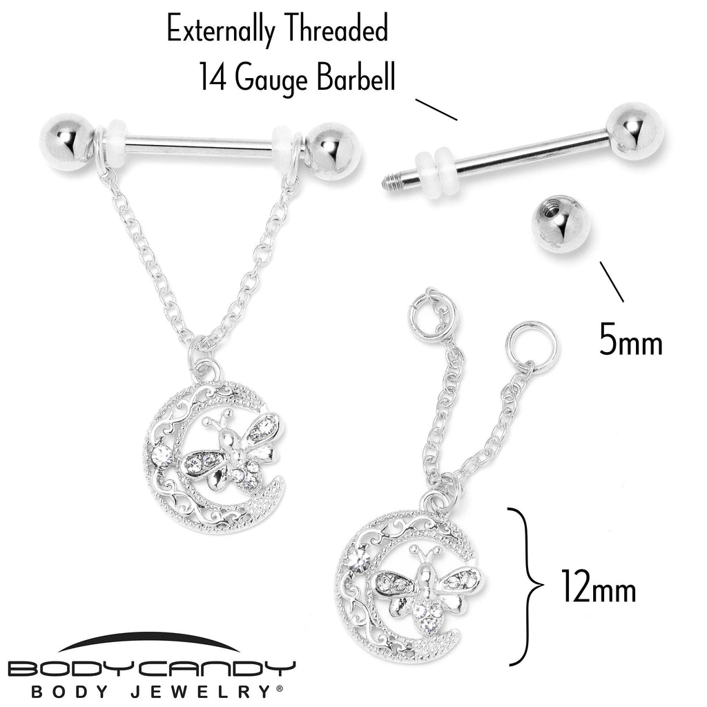 BodyCandy 14G 9/16 Clear Gem Lunar Dragonfly Chain Dangle Nipple Ring Set — back view