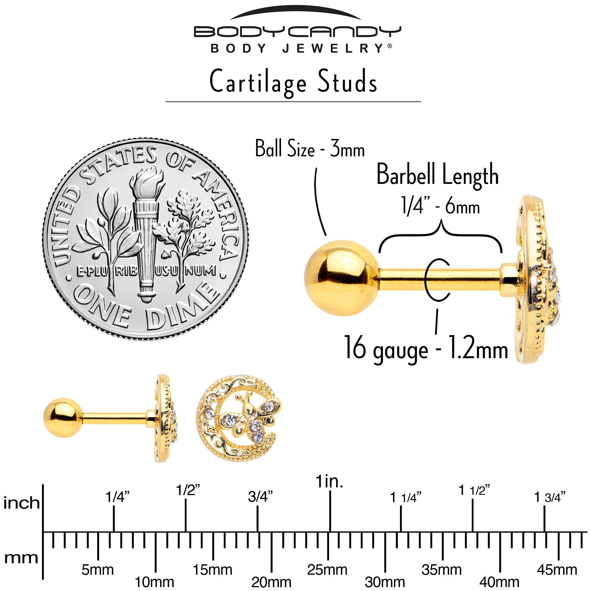 BodyCandy 16G 1/4 Clear Gem Gold Tone Lunar Dragonfly Cartilage Earring — in-use photo