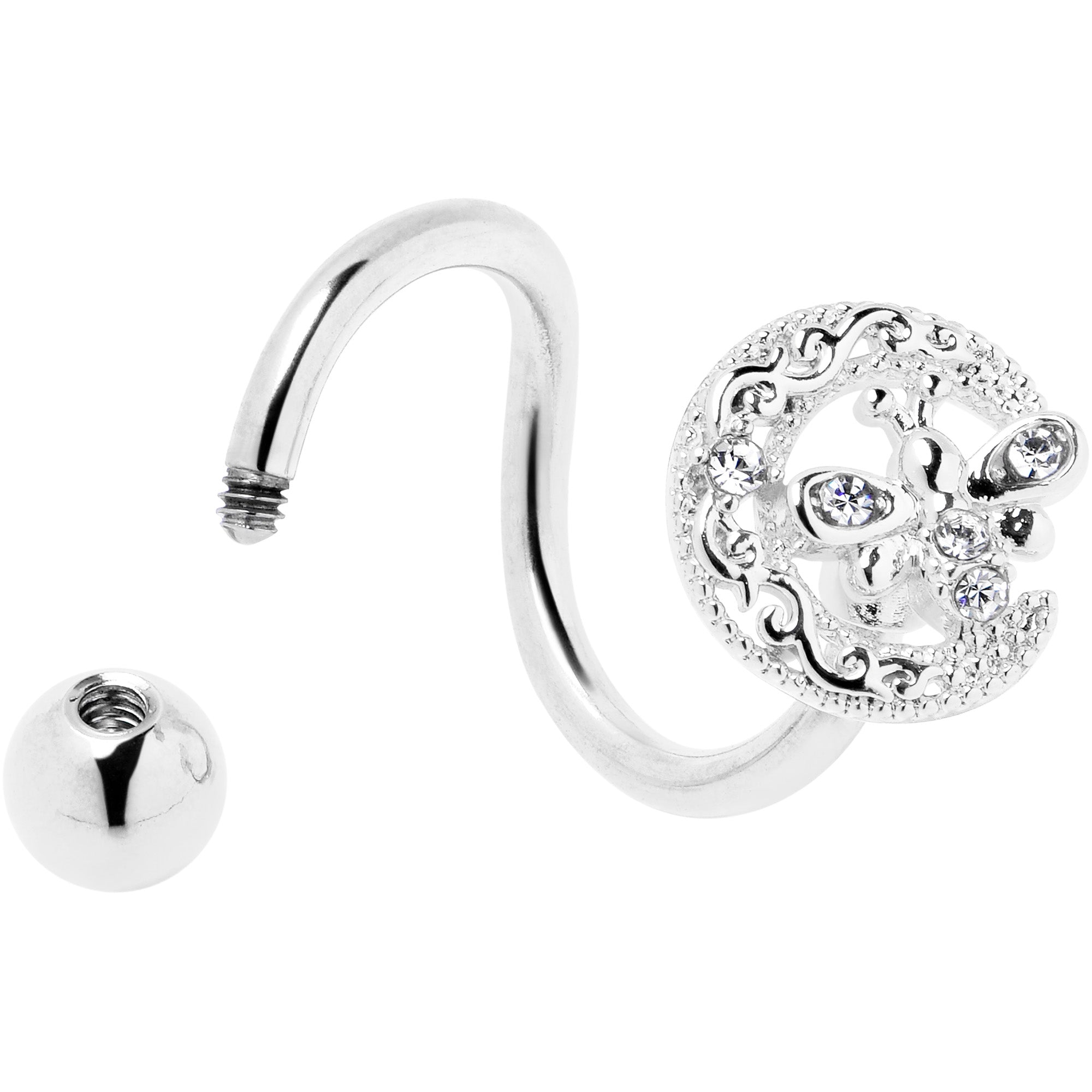 BodyCandy Clear Gem Lunar Dragonfly Spiral Twister Belly Ring — detail close-up