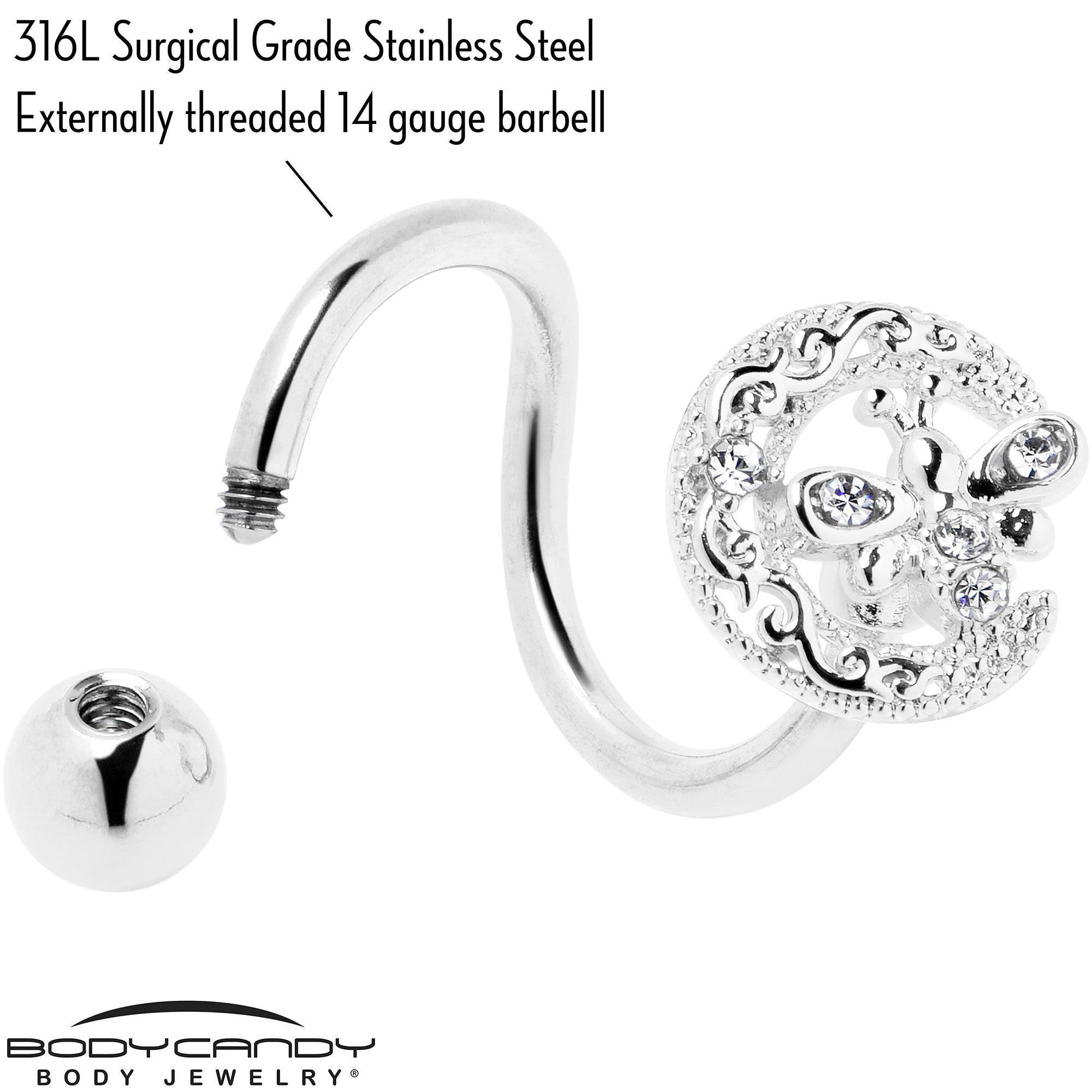 BodyCandy Clear Gem Lunar Dragonfly Spiral Twister Belly Ring — back view