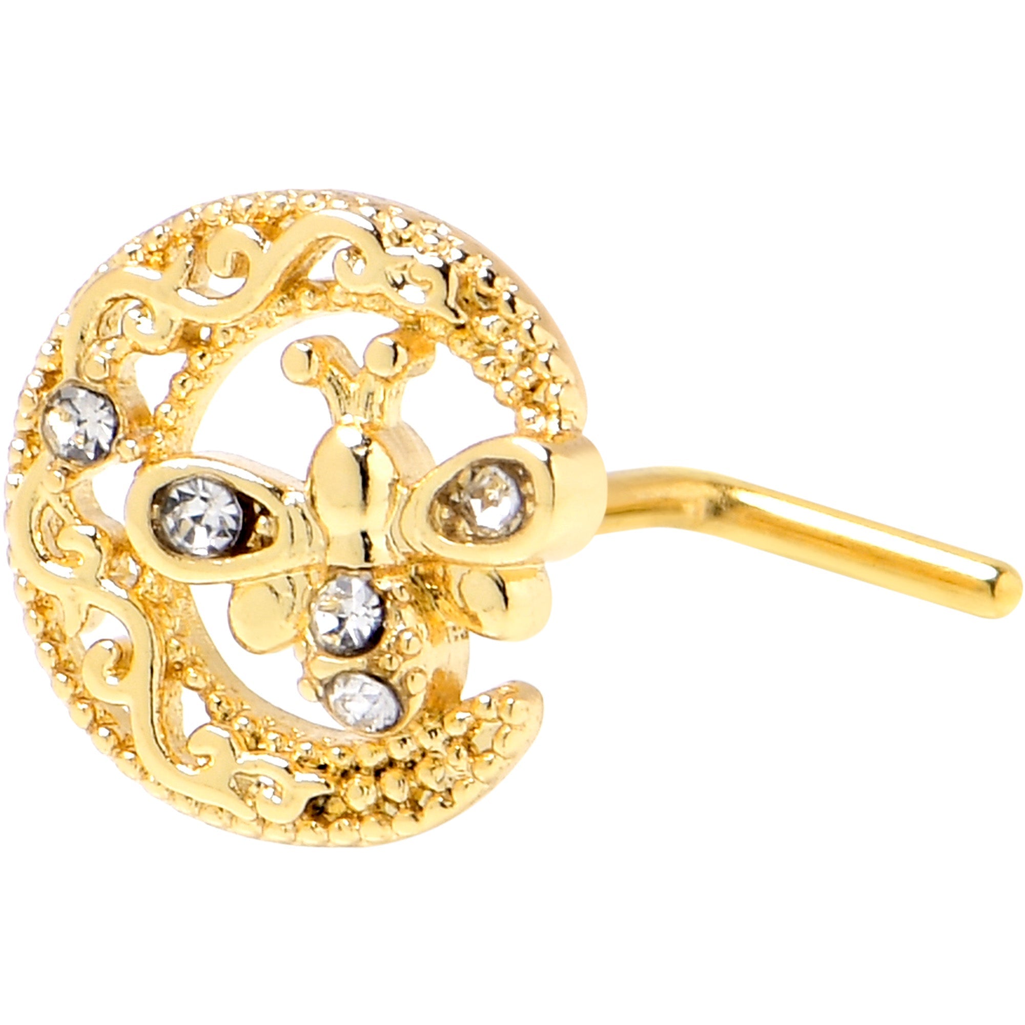 BodyCandy 20G 7mm Clear Gem Gold Tone Lunar Dragonfly L Shape Nose Ring — main product shot