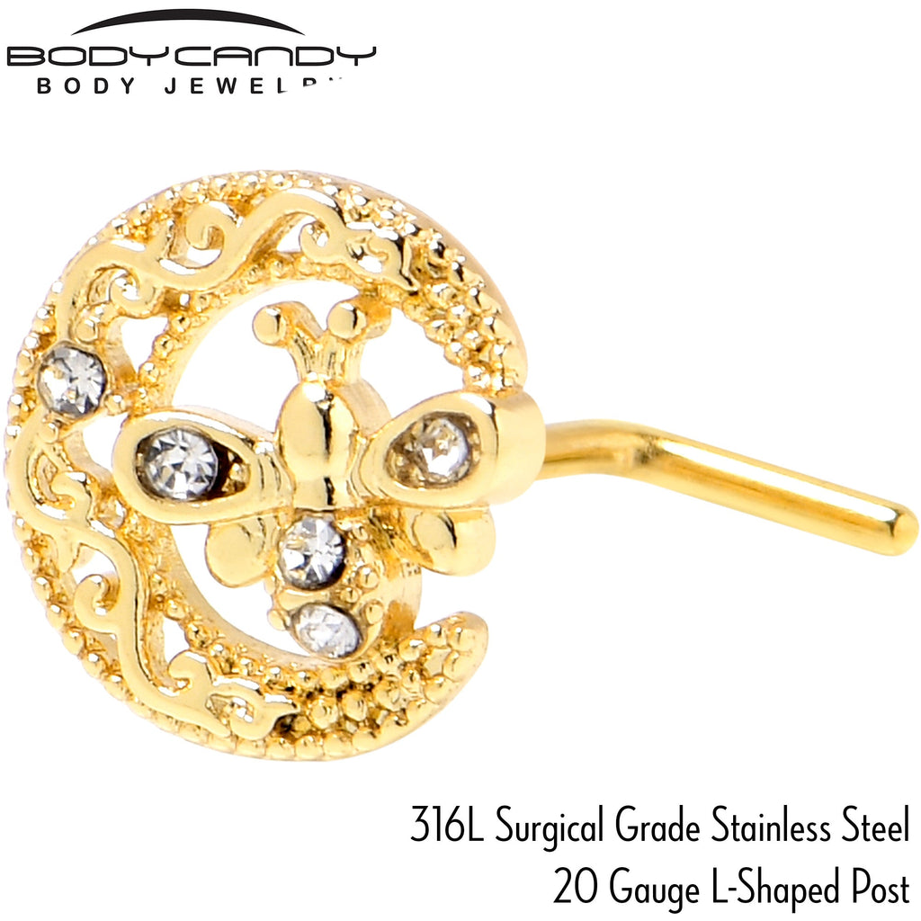 BodyCandy 20G 7mm Clear Gem Gold Tone Lunar Dragonfly L Shape Nose Ring — back view