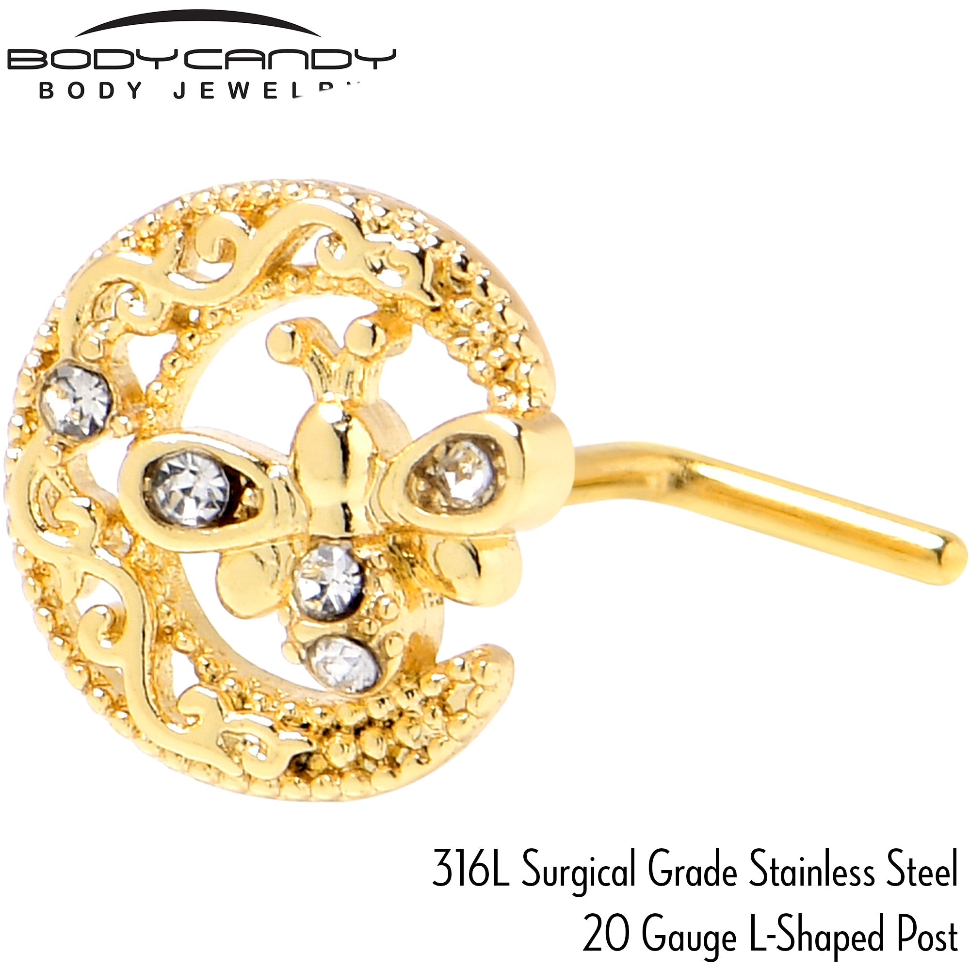 BodyCandy 20G 7mm Clear Gem Gold Tone Lunar Dragonfly L Shape Nose Ring — back view
