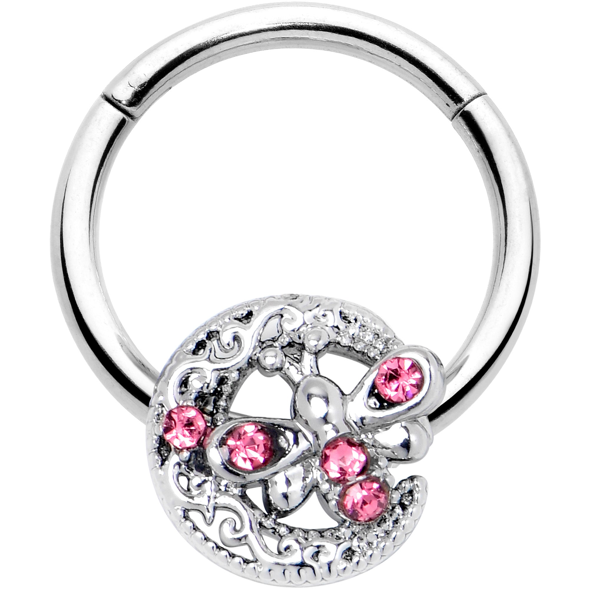 BodyCandy 16G 3/8 Pink Gem Lunar Dragonfly Hinged Segment Ring — main product shot