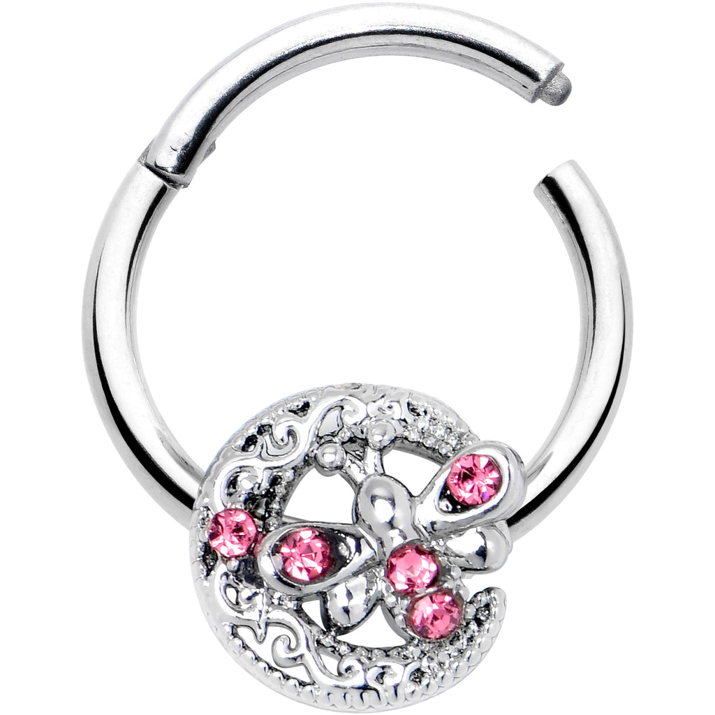 BodyCandy 16G 3/8 Pink Gem Lunar Dragonfly Hinged Segment Ring — detail close-up
