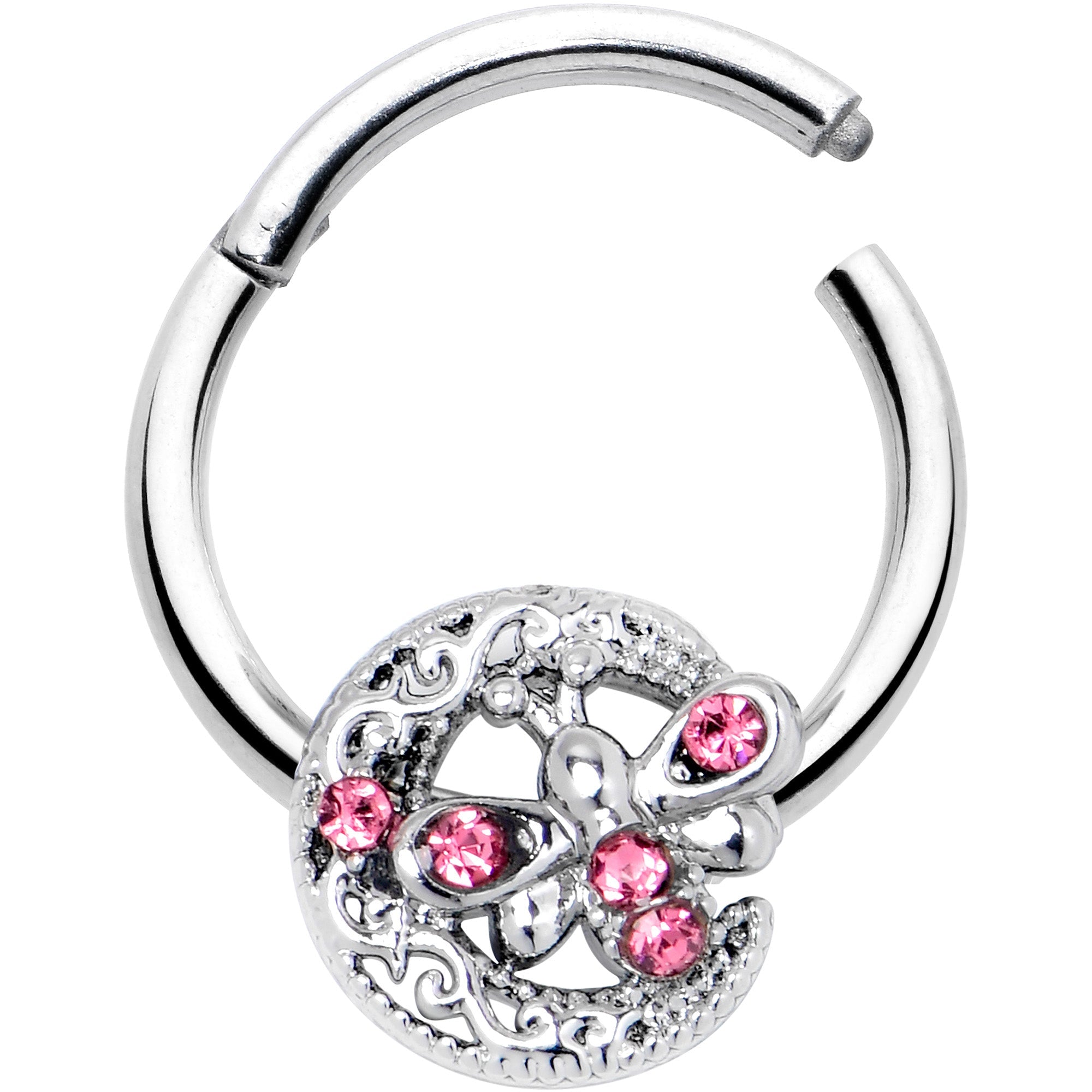 BodyCandy 16G 3/8 Pink Gem Lunar Dragonfly Hinged Segment Ring — detail close-up