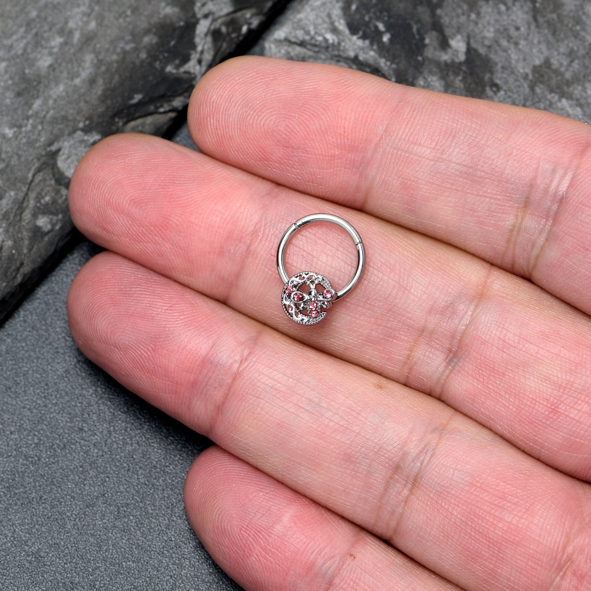 BodyCandy 16G 3/8 Pink Gem Lunar Dragonfly Hinged Segment Ring — lifestyle context
