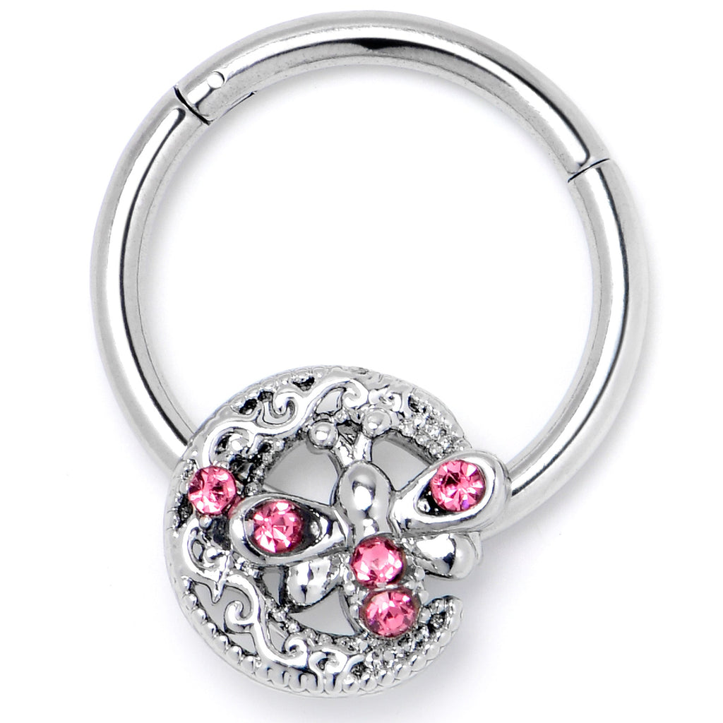 BodyCandy 16G 3/8 Pink Gem Lunar Dragonfly Hinged Segment Ring — side view