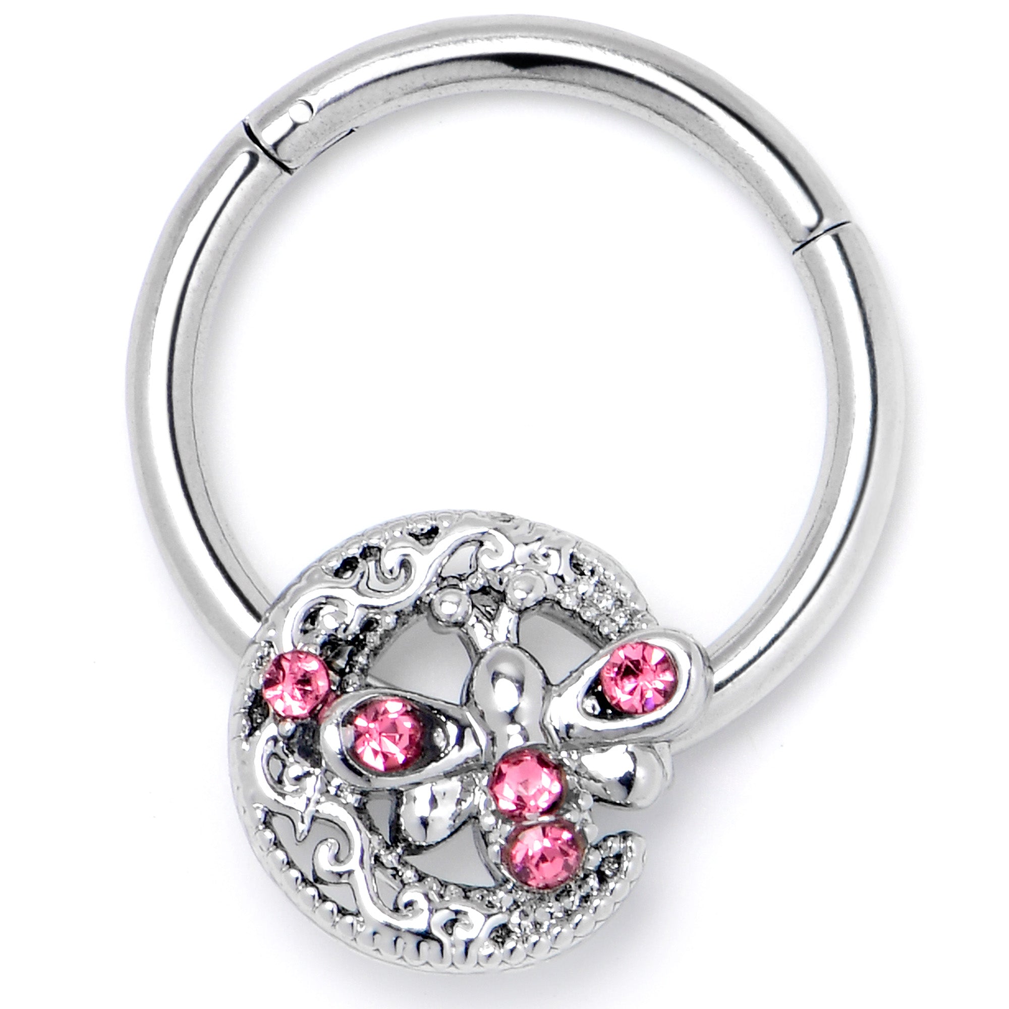 BodyCandy 16G 3/8 Pink Gem Lunar Dragonfly Hinged Segment Ring — side view