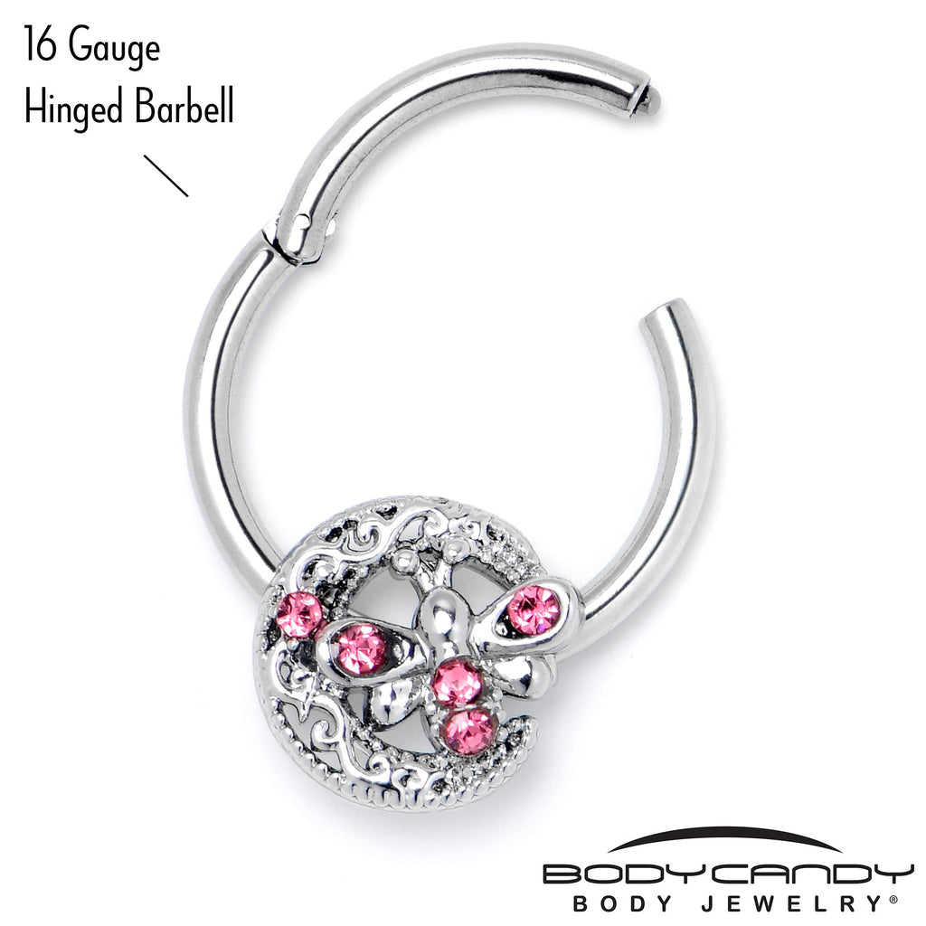 BodyCandy 16G 3/8 Pink Gem Lunar Dragonfly Hinged Segment Ring — alternative angle