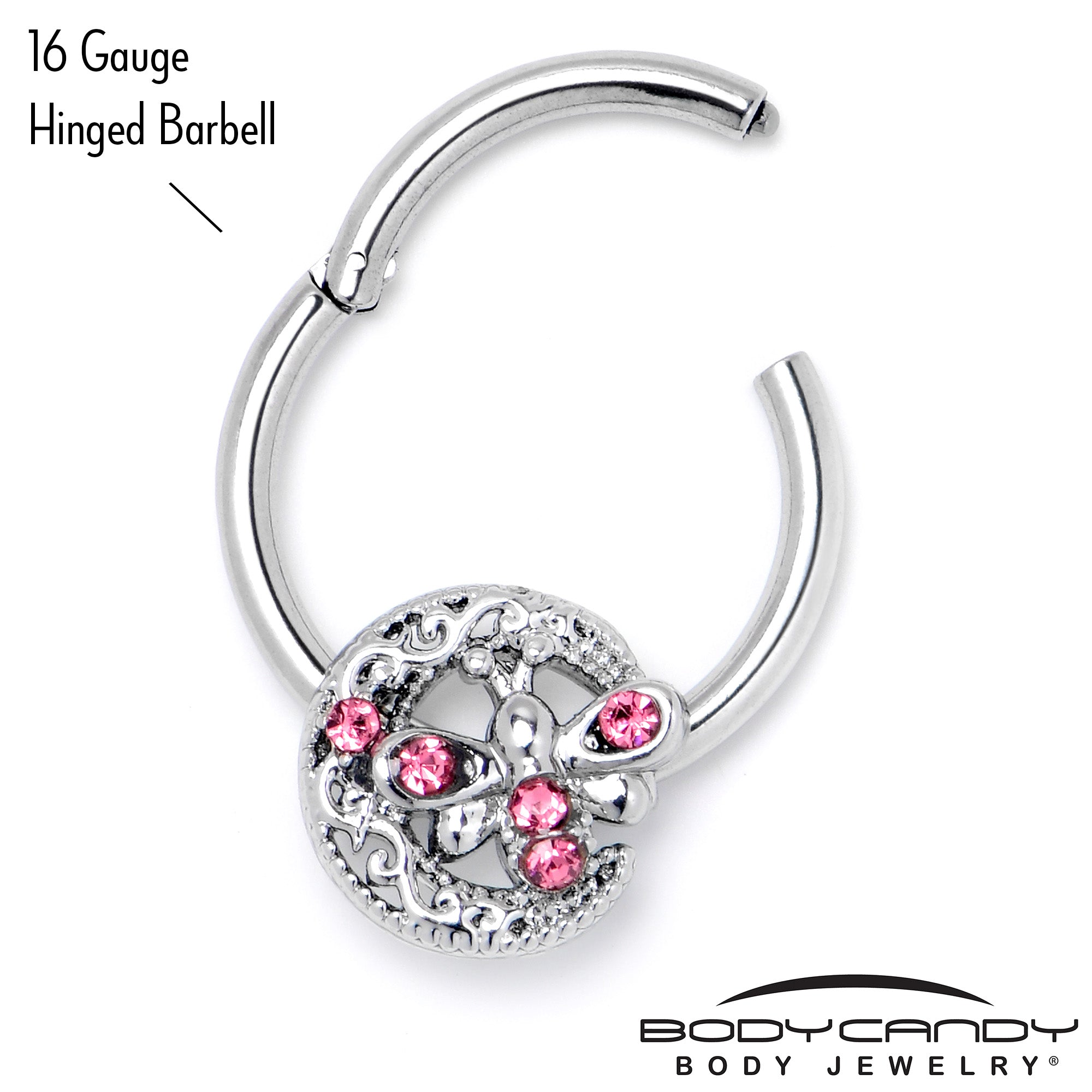 BodyCandy 16G 3/8 Pink Gem Lunar Dragonfly Hinged Segment Ring — alternative angle