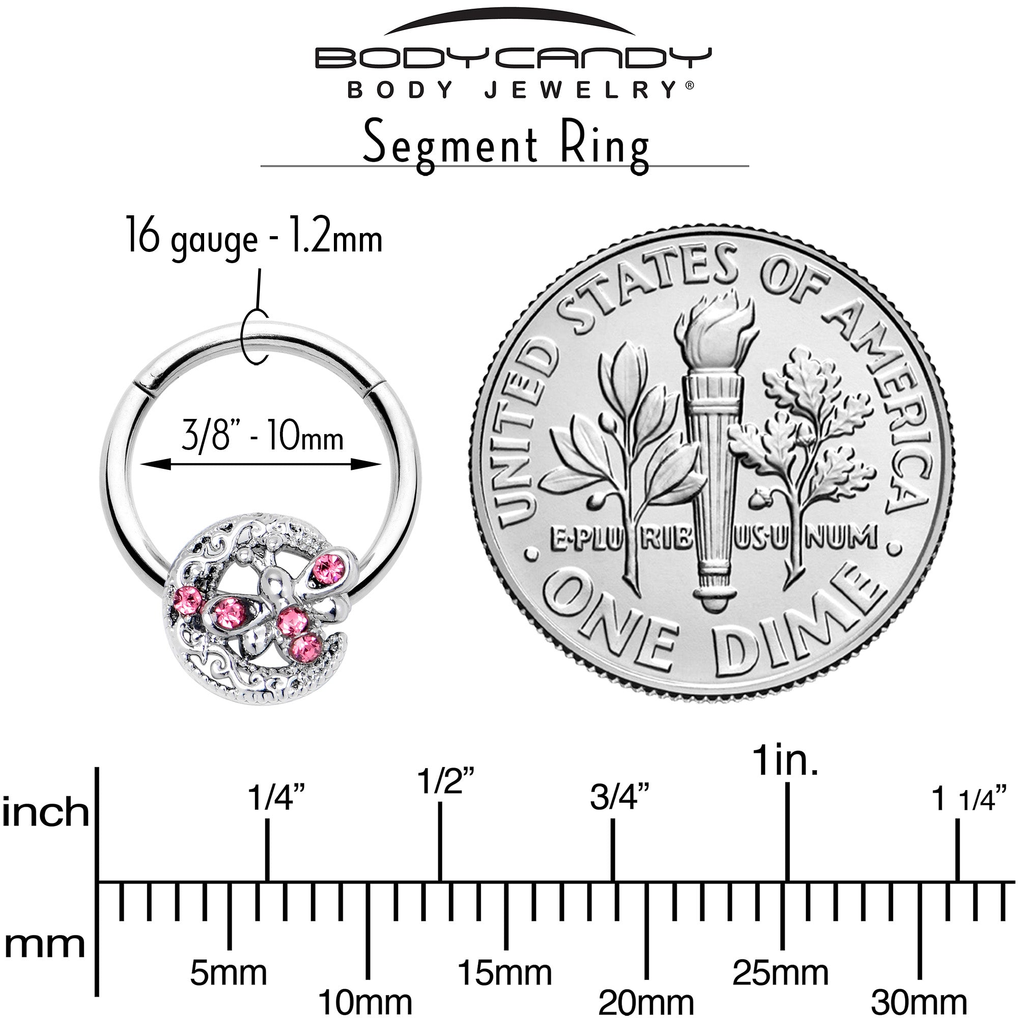 BodyCandy 16G 3/8 Pink Gem Lunar Dragonfly Hinged Segment Ring — in-use photo