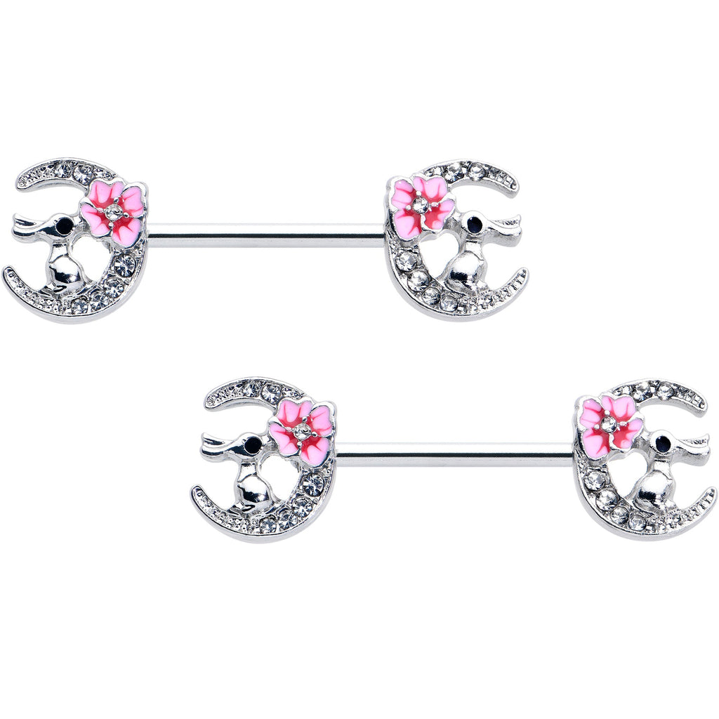 BodyCandy 14G 9/16 Clear Gem Rabbit On Moon Flower Pink Nipple Ring Set — main product shot