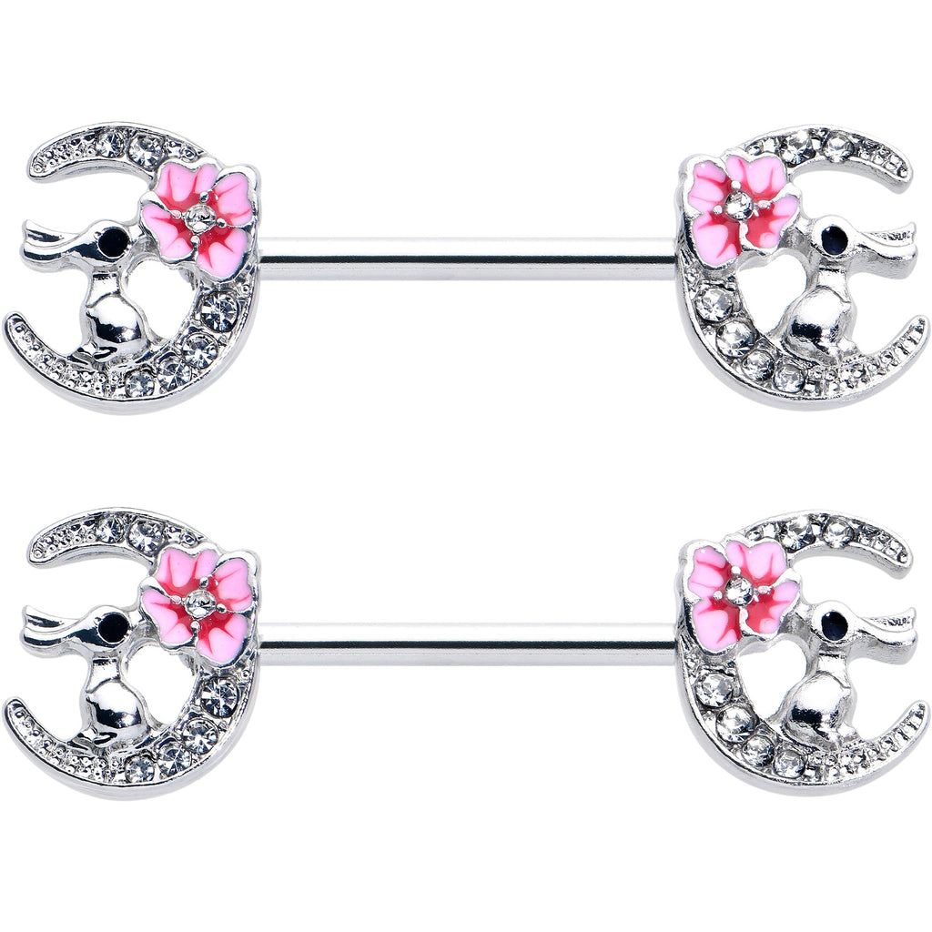 BodyCandy 14G 9/16 Clear Gem Rabbit On Moon Flower Pink Nipple Ring Set — detail close-up