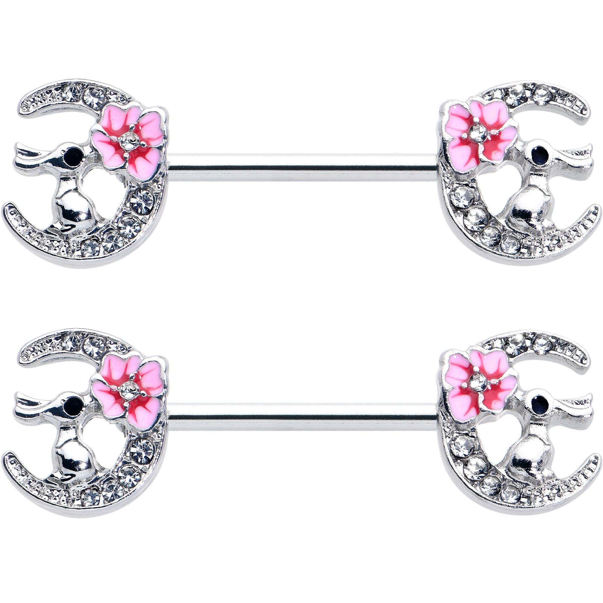BodyCandy 14G 9/16 Clear Gem Rabbit On Moon Flower Pink Nipple Ring Set — detail close-up