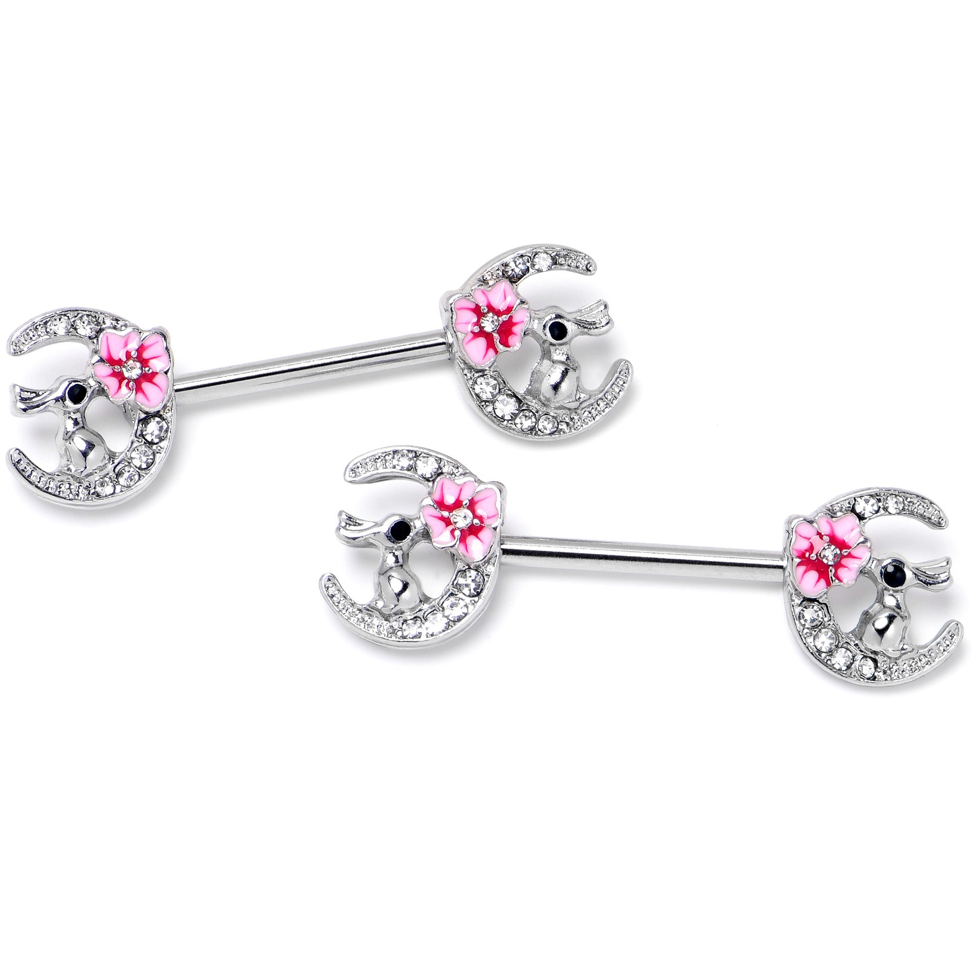 BodyCandy 14G 9/16 Clear Gem Rabbit On Moon Flower Pink Nipple Ring Set — side view