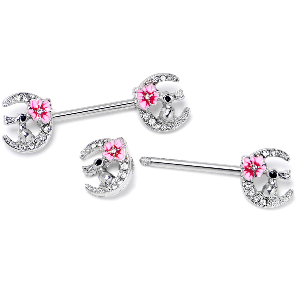 BodyCandy 14G 9/16 Clear Gem Rabbit On Moon Flower Pink Nipple Ring Set — back view