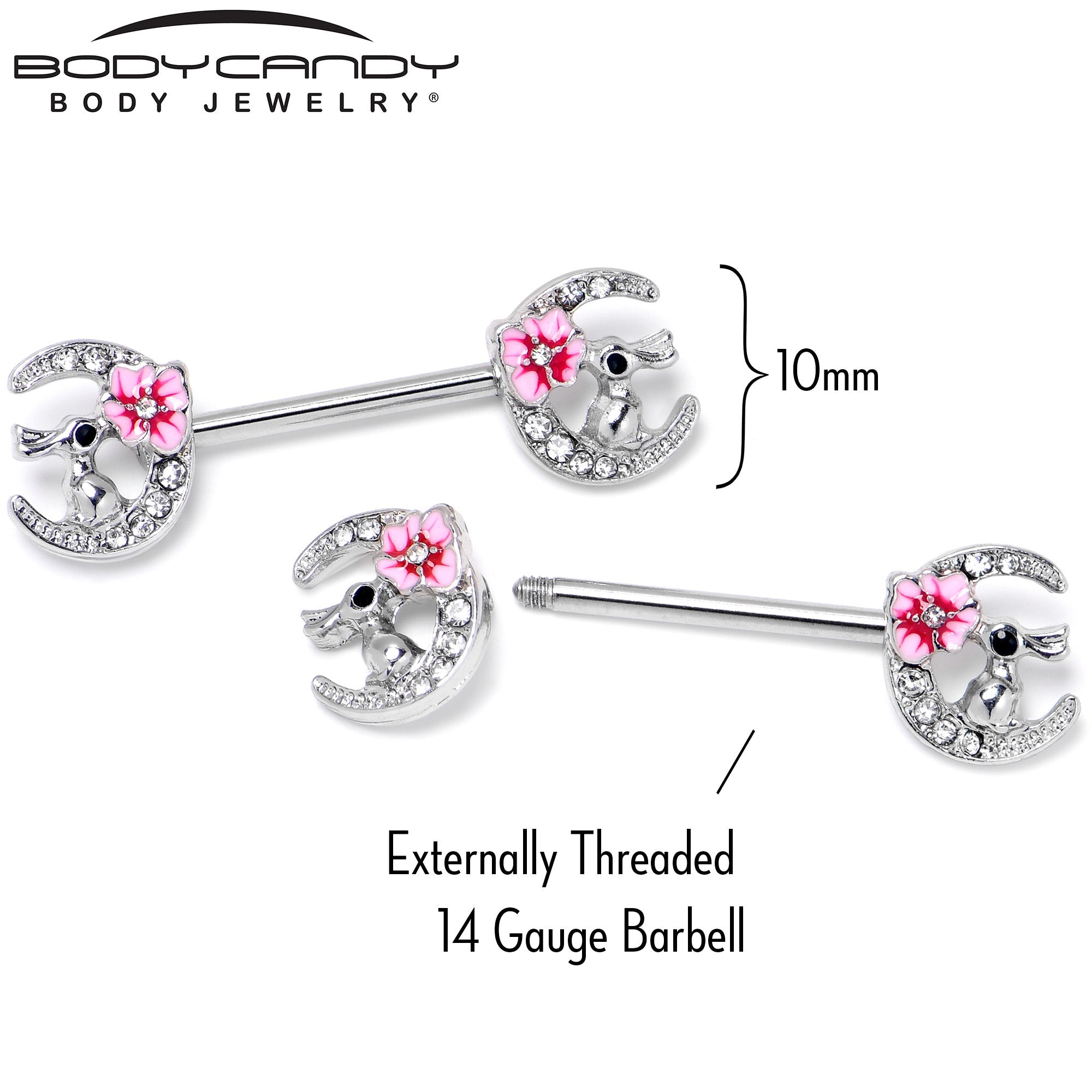 BodyCandy 14G 9/16 Clear Gem Rabbit On Moon Flower Pink Nipple Ring Set — alternative angle