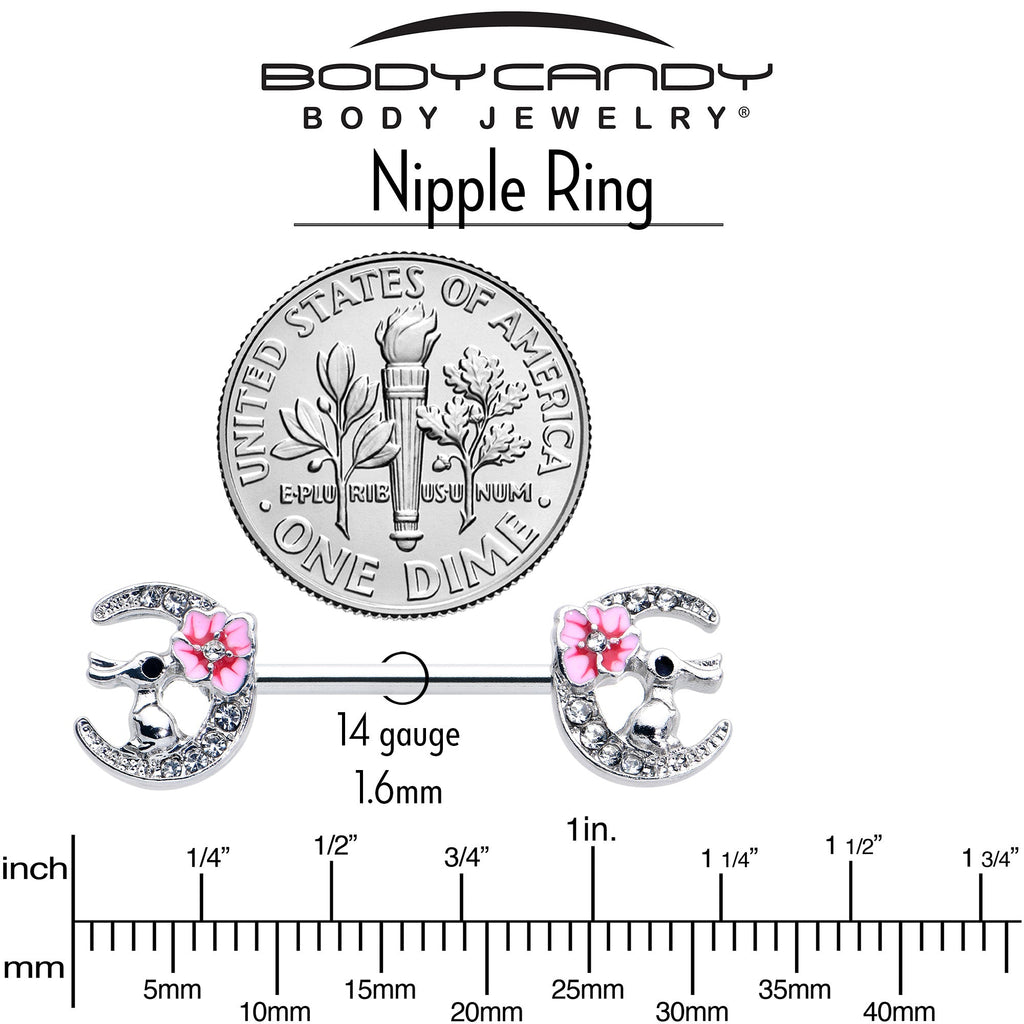 BodyCandy 14G 9/16 Clear Gem Rabbit On Moon Flower Pink Nipple Ring Set — in-use photo