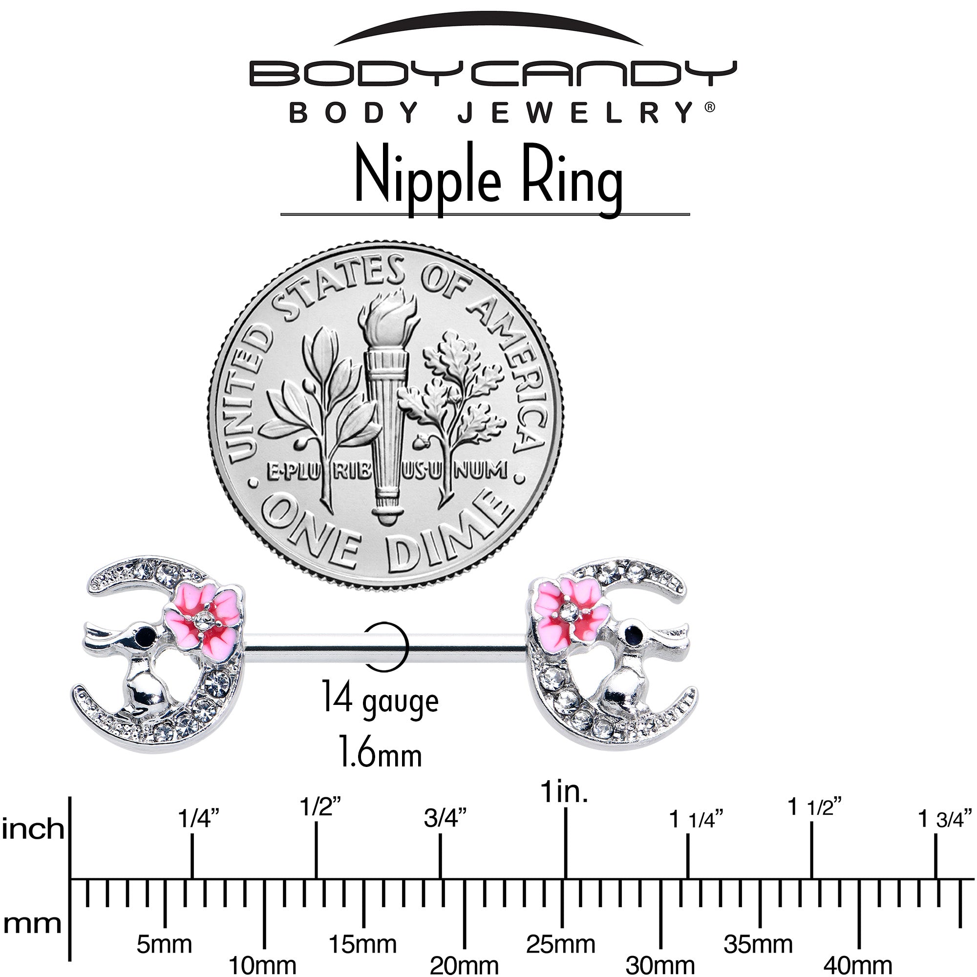 BodyCandy 14G 9/16 Clear Gem Rabbit On Moon Flower Pink Nipple Ring Set — in-use photo