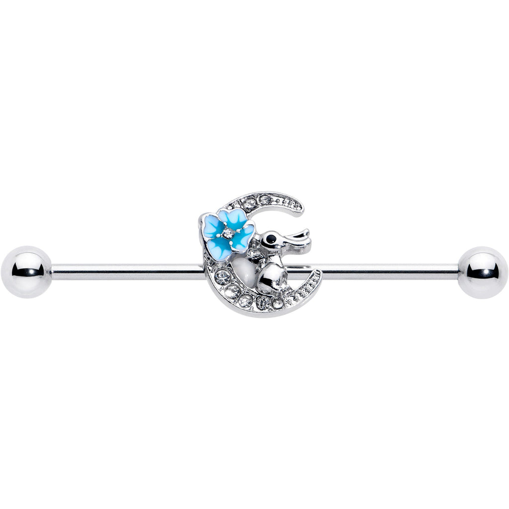 BodyCandy 14G Clear Gem Rabbit On Moon Flower Blue Industrial Barbell 38mm — detail close-up