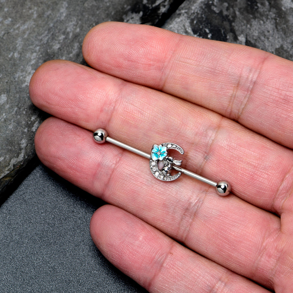 BodyCandy 14G Clear Gem Rabbit On Moon Flower Blue Industrial Barbell 38mm — lifestyle context