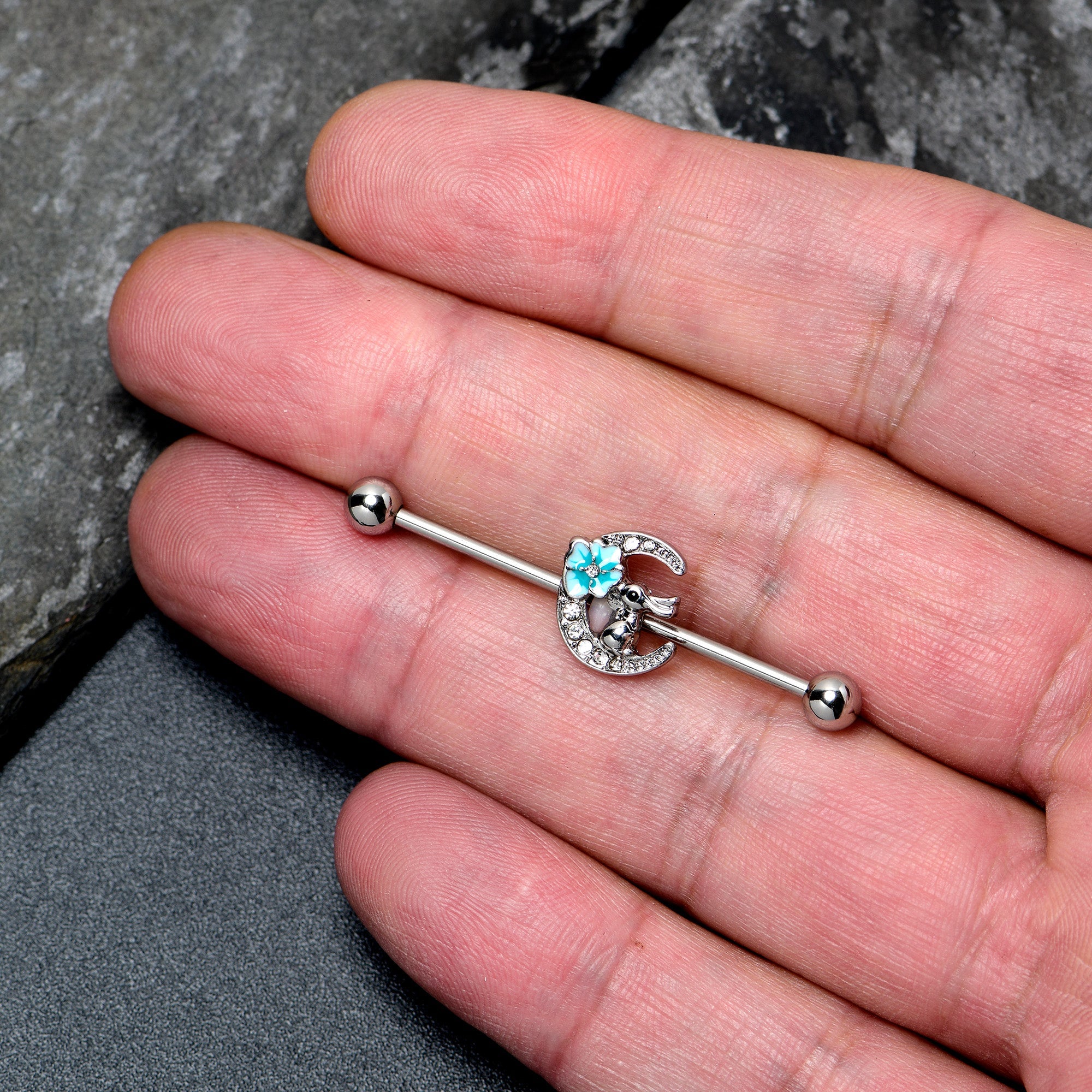 BodyCandy 14G Clear Gem Rabbit On Moon Flower Blue Industrial Barbell 38mm — lifestyle context
