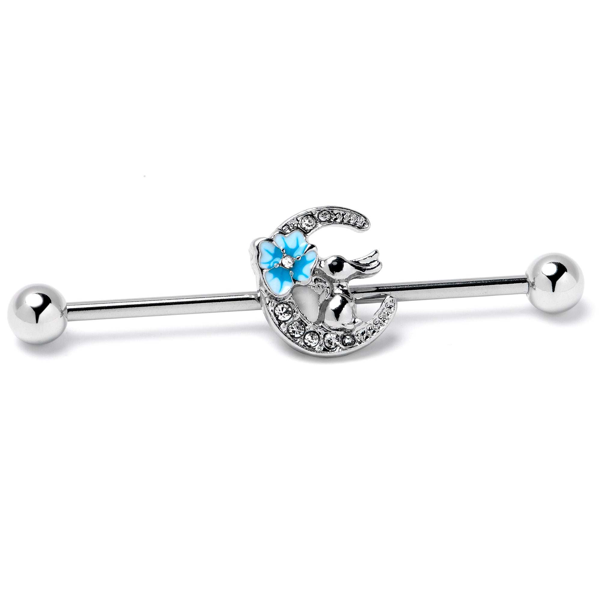 BodyCandy 14G Clear Gem Rabbit On Moon Flower Blue Industrial Barbell 38mm — side view
